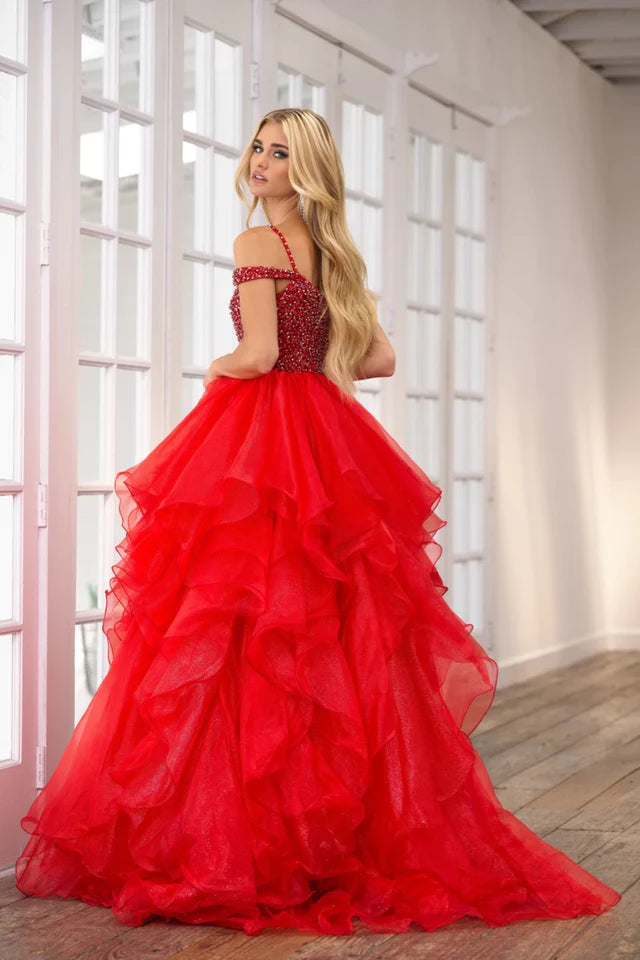 The Ava Presley 28557 Long Prom Dress is the perfect choice for any formal event. With its spaghetti straps, off-shoulder design, and layered organza skirt, this gown exudes elegance and sophistication. The beaded detailing adds a touch of luxury, making you feel like a true pageant queen. You'll turn heads and make a statement in this stunning dress.