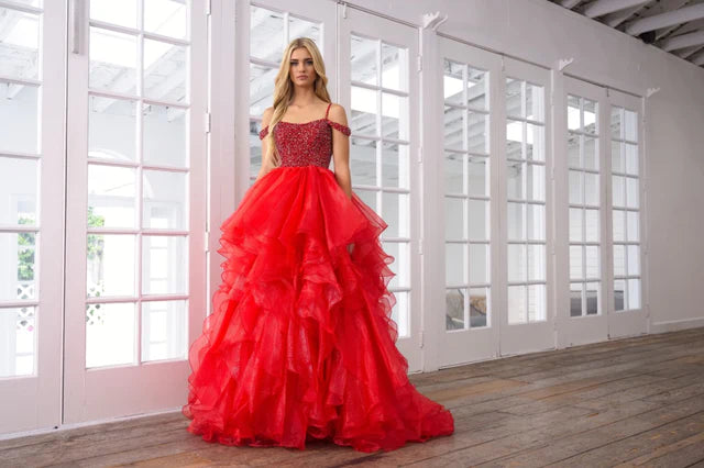 The Ava Presley 28557 Long Prom Dress is the perfect choice for any formal event. With its spaghetti straps, off-shoulder design, and layered organza skirt, this gown exudes elegance and sophistication. The beaded detailing adds a touch of luxury, making you feel like a true pageant queen. You'll turn heads and make a statement in this stunning dress.