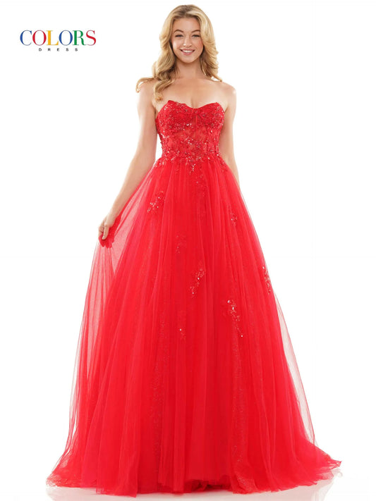 Elevate your formal look with the Colors Dress 2898 Long Prom Dress. This A-line gown features a corset bodice for a flattering fit, while the tulle and lace applique add a touch of elegance. Perfect for prom or pageants, this dress will make you stand out in style.