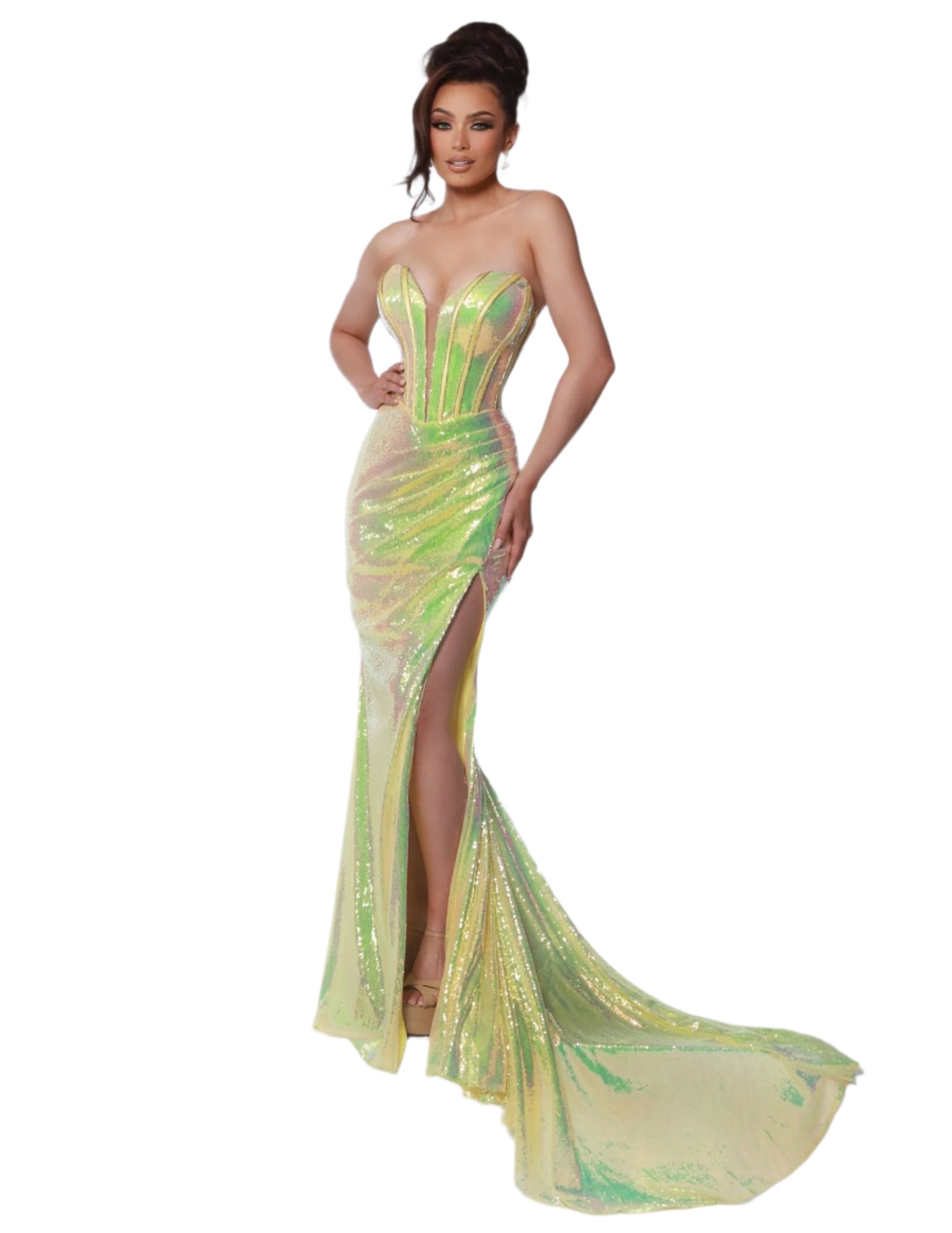 This Johnathan Kayne 3010 Prom Dress is the epitome of glamour. The sequin corset and plunging neckline add a touch of sexiness, while the strapless train and high slit create a stunning silhouette. Perfect for prom or any pageant event. Stand out from the crowd in this show-stopping gown. The exposed boning adds a unique twist to the classic strapless silhouette, while the full sequin mesh material shimmers and shines with every move.

Sizes: 00-16

Colors: Aqua, Lemon, Neon Pink