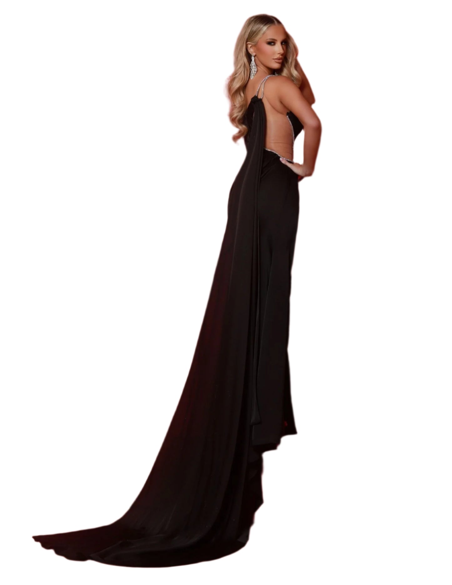 Elevate your style with the Johnathan Kayne 3017 One Shoulder Cape Pageant Dress. Made with luxurious silk and featuring a stunning side cutout and maxi slit, this gown is perfect for formal events. The one shoulder design adds a touch of elegance to this statement piece. Elevate your evening look with our show-stopping gown! The one shoulder design is right on trend, while the attached cape adds a touch of elegance. With rib cut out and delicate beading detail, this dress is perfect for making a statement.