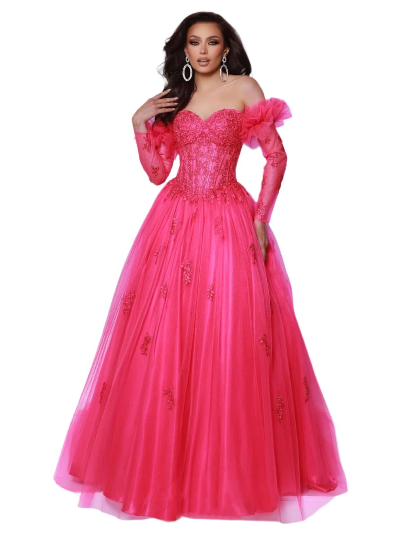 This Johnathan Kayne 3019 prom dress combines a sheer corset and lace sleeves with a pleated ballgown and a strapless neckline for a stunning and versatile style. The corset provides a flattering fit, while the lace adds a touch of elegance. Perfect for making a statement at prom or any formal event. Pleated tulle ballgown and exposed boning bodice: snug where it matters, twirl-ready skirt. Perfect for prom royalty! Change your look with detachable sleeves.

Sizes: 00-16

Colors: Hot Pink, Turquoise