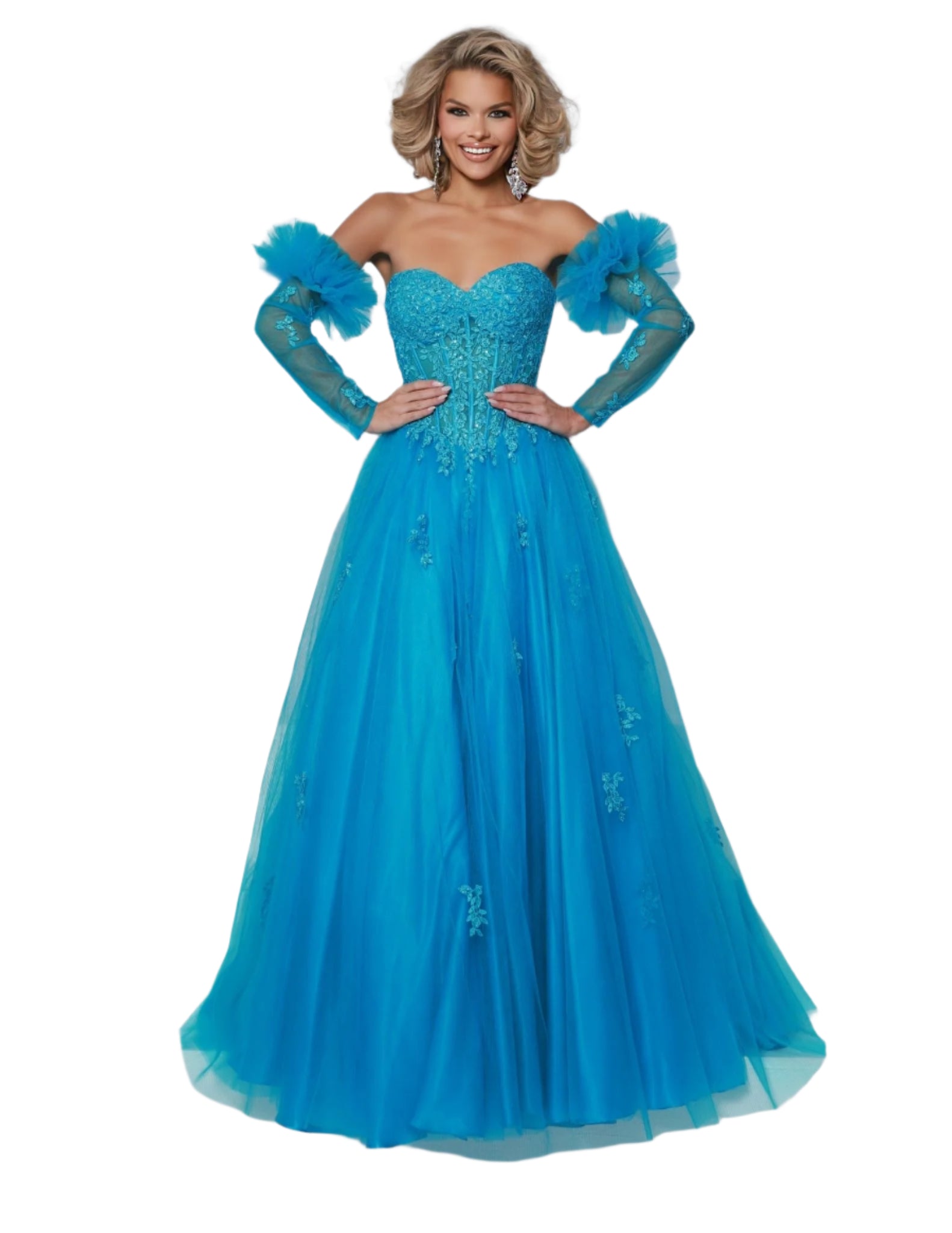 This Johnathan Kayne 3019 prom dress combines a sheer corset and lace sleeves with a pleated ballgown and a strapless neckline for a stunning and versatile style. The corset provides a flattering fit, while the lace adds a touch of elegance. Perfect for making a statement at prom or any formal event. Pleated tulle ballgown and exposed boning bodice: snug where it matters, twirl-ready skirt. Perfect for prom royalty! Change your look with detachable sleeves.

Sizes: 00-16

Colors: Hot Pink, Turquoise