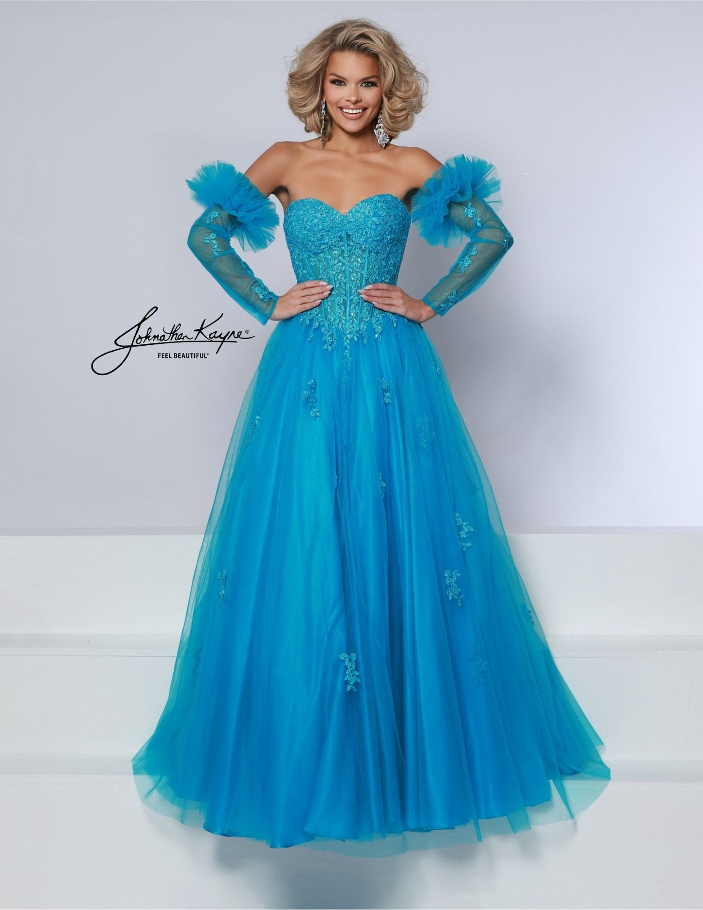 Johnathan Kayne 3019 Sheer Corset Prom Dress Lace Sleeves pleated Ballgown Strapless