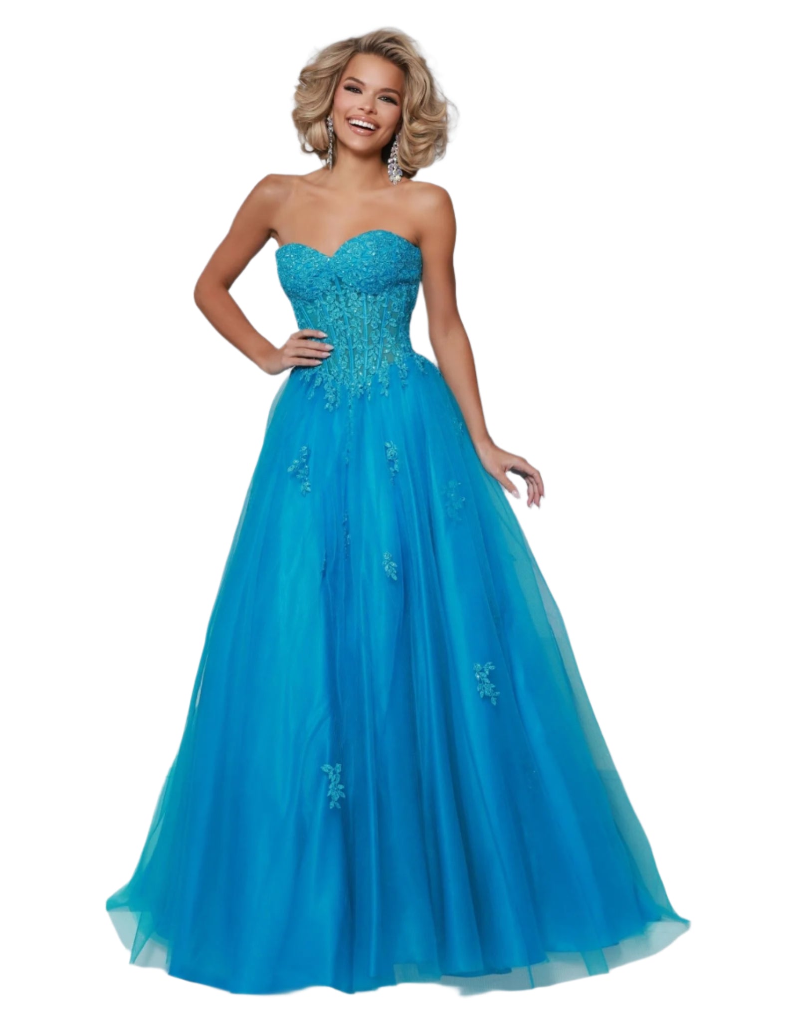 This Johnathan Kayne 3019 prom dress combines a sheer corset and lace sleeves with a pleated ballgown and a strapless neckline for a stunning and versatile style. The corset provides a flattering fit, while the lace adds a touch of elegance. Perfect for making a statement at prom or any formal event. Pleated tulle ballgown and exposed boning bodice: snug where it matters, twirl-ready skirt. Perfect for prom royalty! Change your look with detachable sleeves.

Sizes: 00-16

Colors: Hot Pink, Turquoise