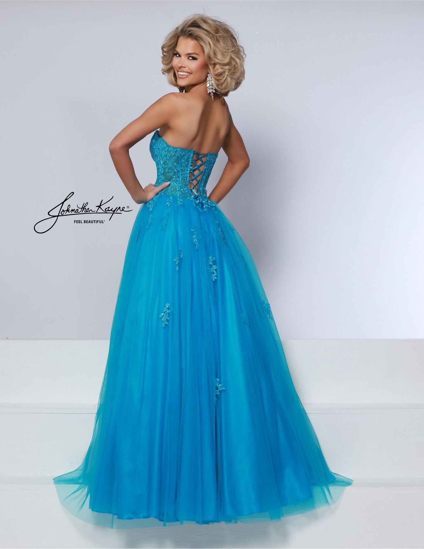 Johnathan Kayne 3019 Sheer Corset Prom Dress Lace Sleeves pleated Ballgown Strapless