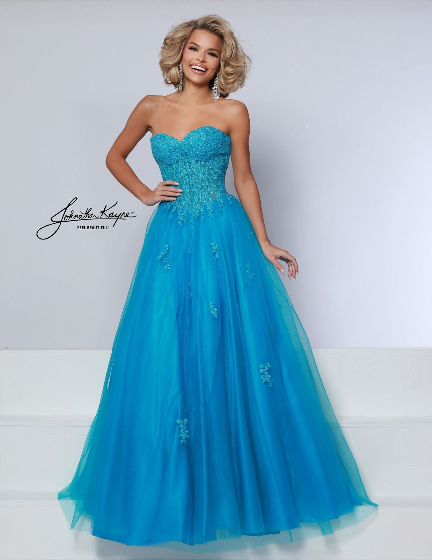 Johnathan Kayne 3019 Sheer Corset Prom Dress Lace Sleeves pleated Ballgown Strapless