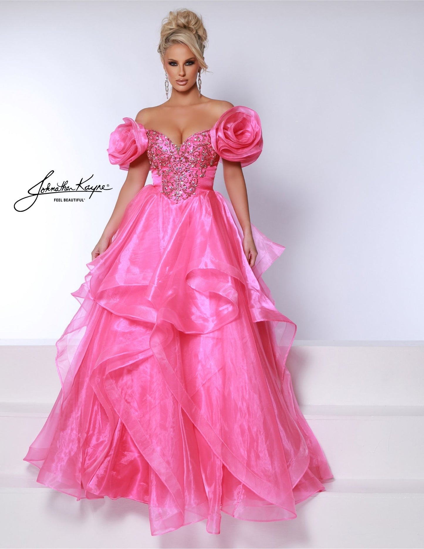 Johnathan Kayne 3036 Crystal V Neck Layer Prom Dress Puff Sleeve Ballgown Pageant