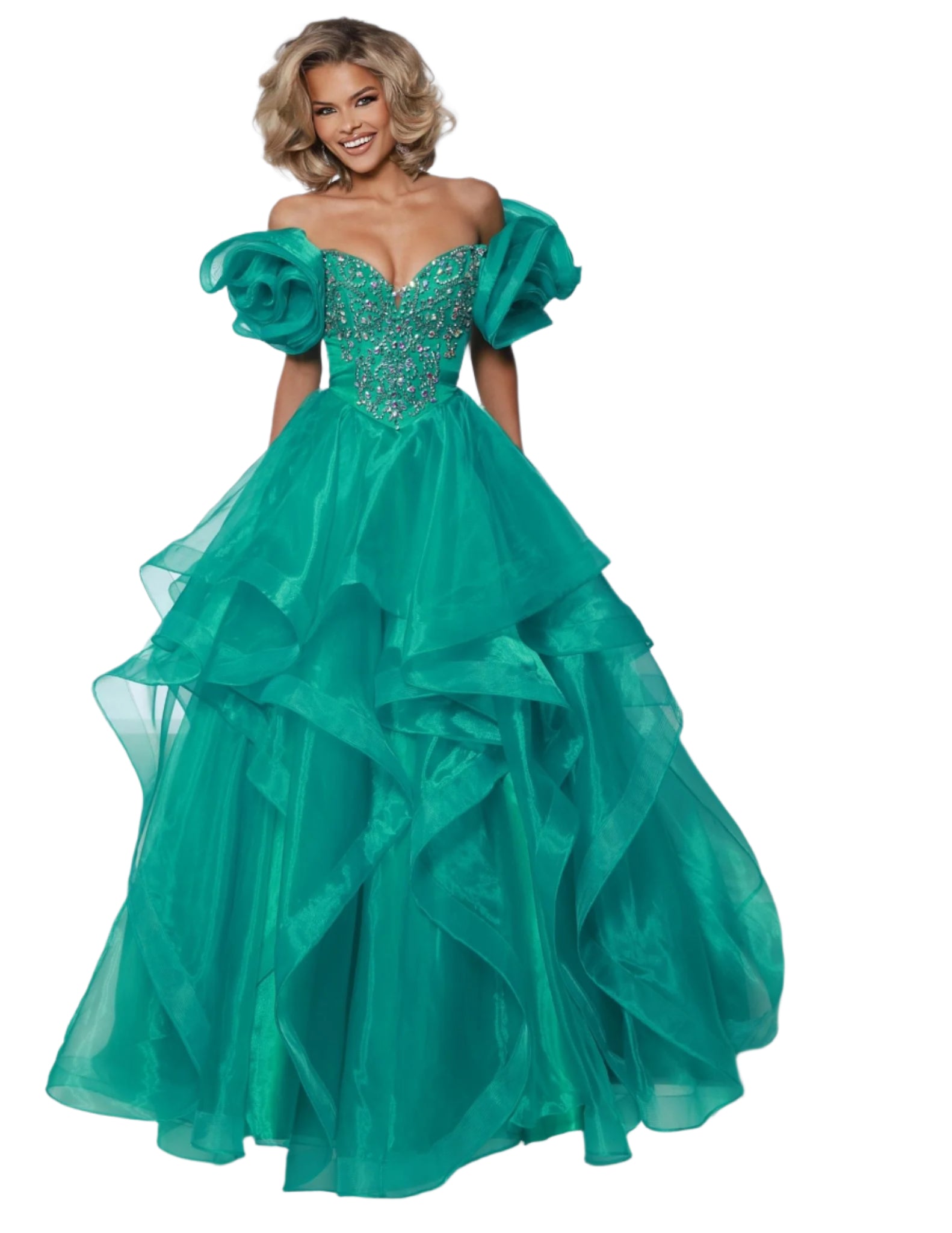 The Johnathan Kayne 3036 prom dress is a show-stopping and sophisticated choice for pageants and formal events. The V-neckline is adorned with sparkling crystal details, while the layered ruffle ballgown creates a stunning silhouette. The detachable puff sleeves add a touch of versatility and glamour. Perfect for making a statement and turning heads.&nbsp;Your fairy tale moment has arrived with this breathtaking ball gown. The ethereal organza and cascading layered ruffles create a dreamy silhouette that is