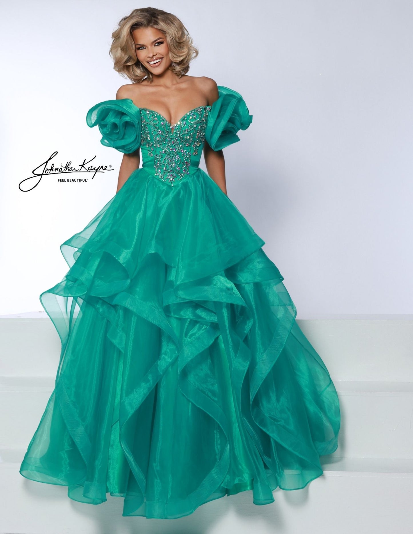 Johnathan Kayne 3036 Crystal V Neck Layer Prom Dress Puff Sleeve Ballgown Pageant