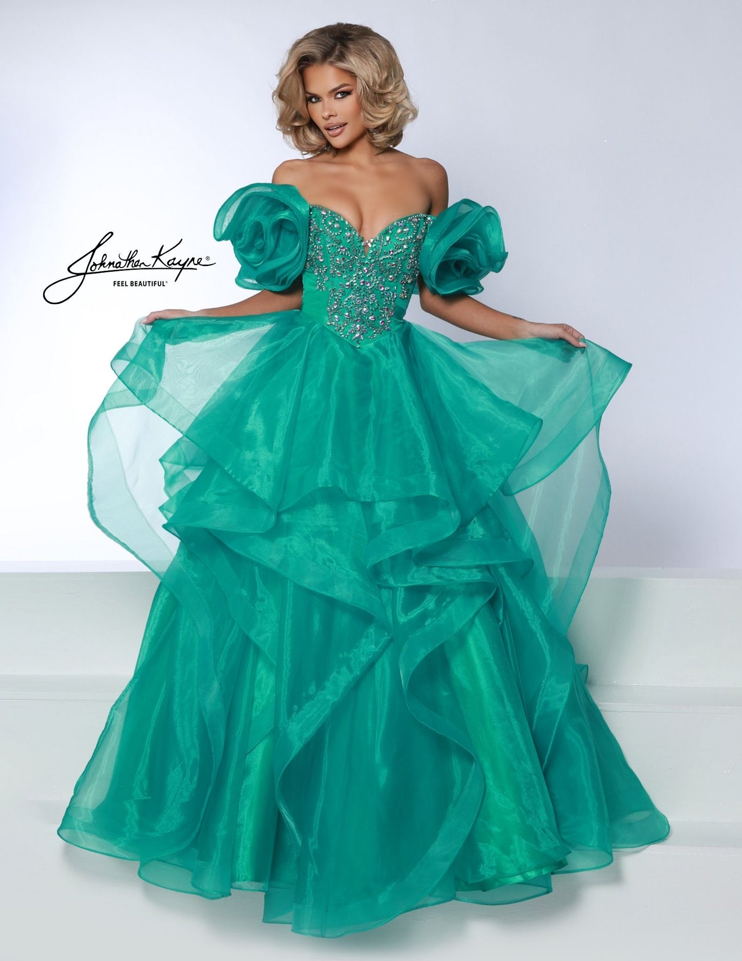 Johnathan Kayne 3036 Crystal V Neck Layer Prom Dress Puff Sleeve Ballgown Pageant