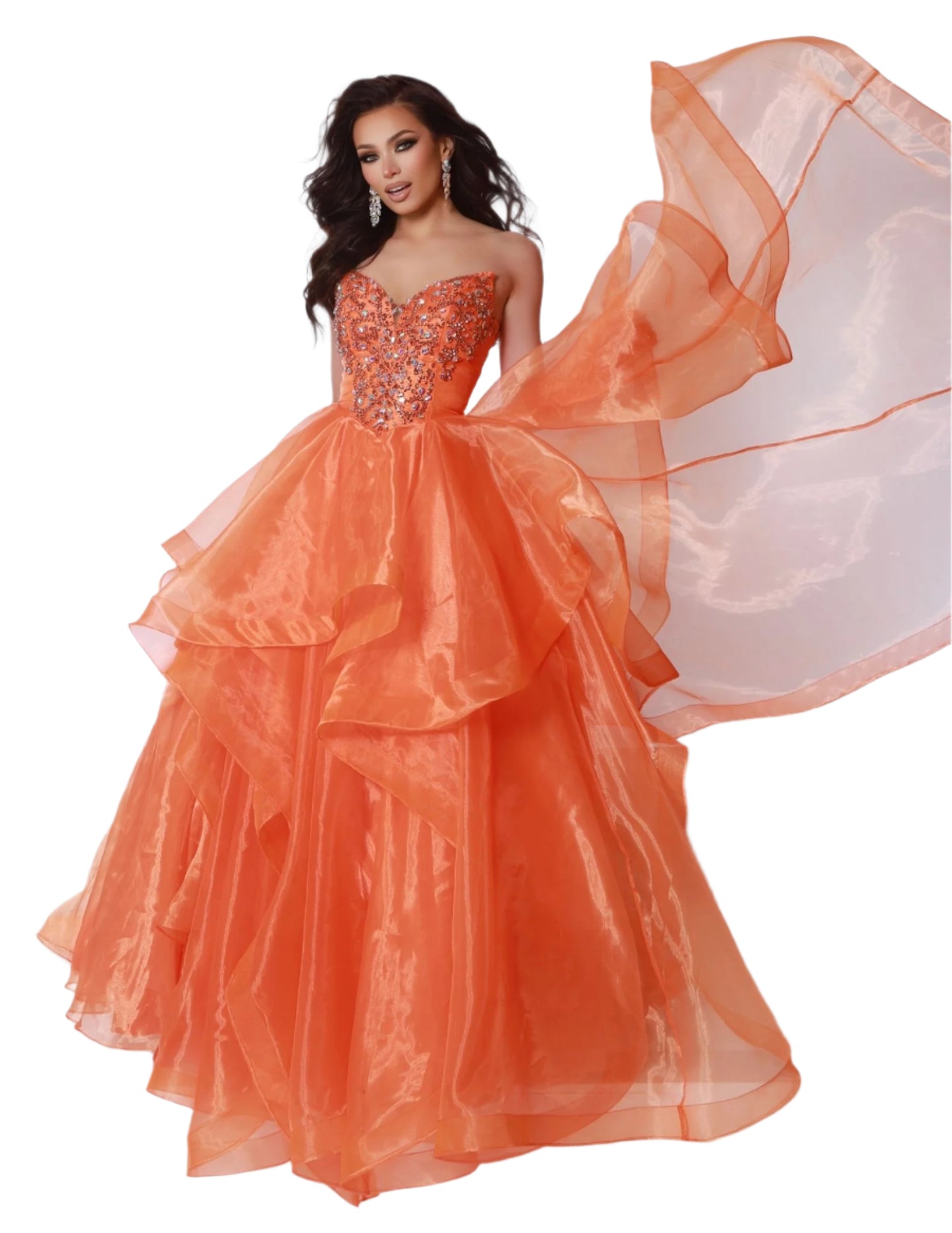 The Johnathan Kayne 3036 prom dress is a show-stopping and sophisticated choice for pageants and formal events. The V-neckline is adorned with sparkling crystal details, while the layered ruffle ballgown creates a stunning silhouette. The detachable puff sleeves add a touch of versatility and glamour. Perfect for making a statement and turning heads.&nbsp;Your fairy tale moment has arrived with this breathtaking ball gown. The ethereal organza and cascading layered ruffles create a dreamy silhouette that is