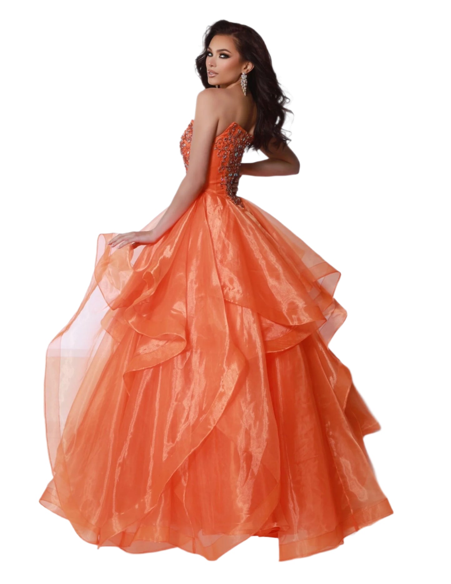 The Johnathan Kayne 3036 prom dress is a show-stopping and sophisticated choice for pageants and formal events. The V-neckline is adorned with sparkling crystal details, while the layered ruffle ballgown creates a stunning silhouette. The detachable puff sleeves add a touch of versatility and glamour. Perfect for making a statement and turning heads.&nbsp;Your fairy tale moment has arrived with this breathtaking ball gown. The ethereal organza and cascading layered ruffles create a dreamy silhouette that is