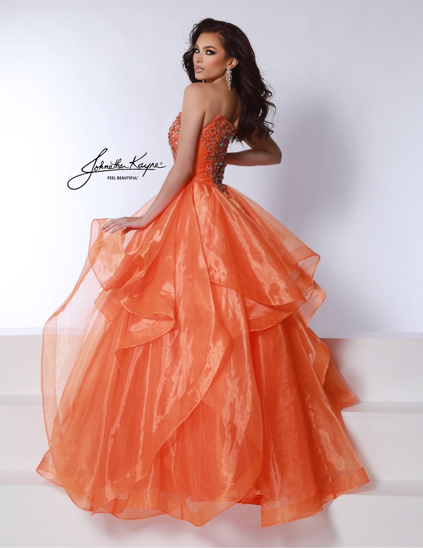 Johnathan Kayne 3036 Crystal V Neck Layer Prom Dress Puff Sleeve Ballgown Pageant