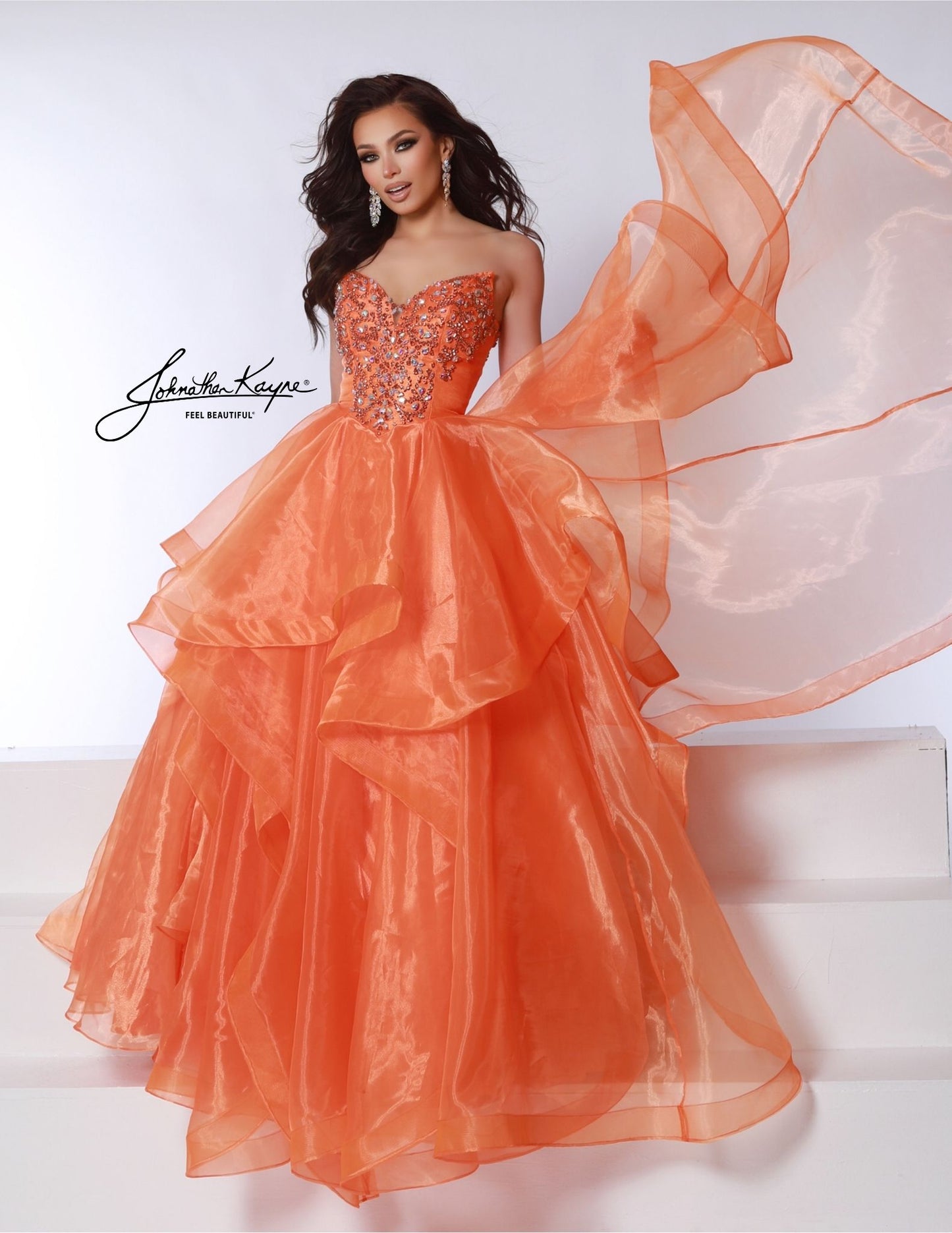 Johnathan Kayne 3036 Crystal V Neck Layer Prom Dress Puff Sleeve Ballgown Pageant