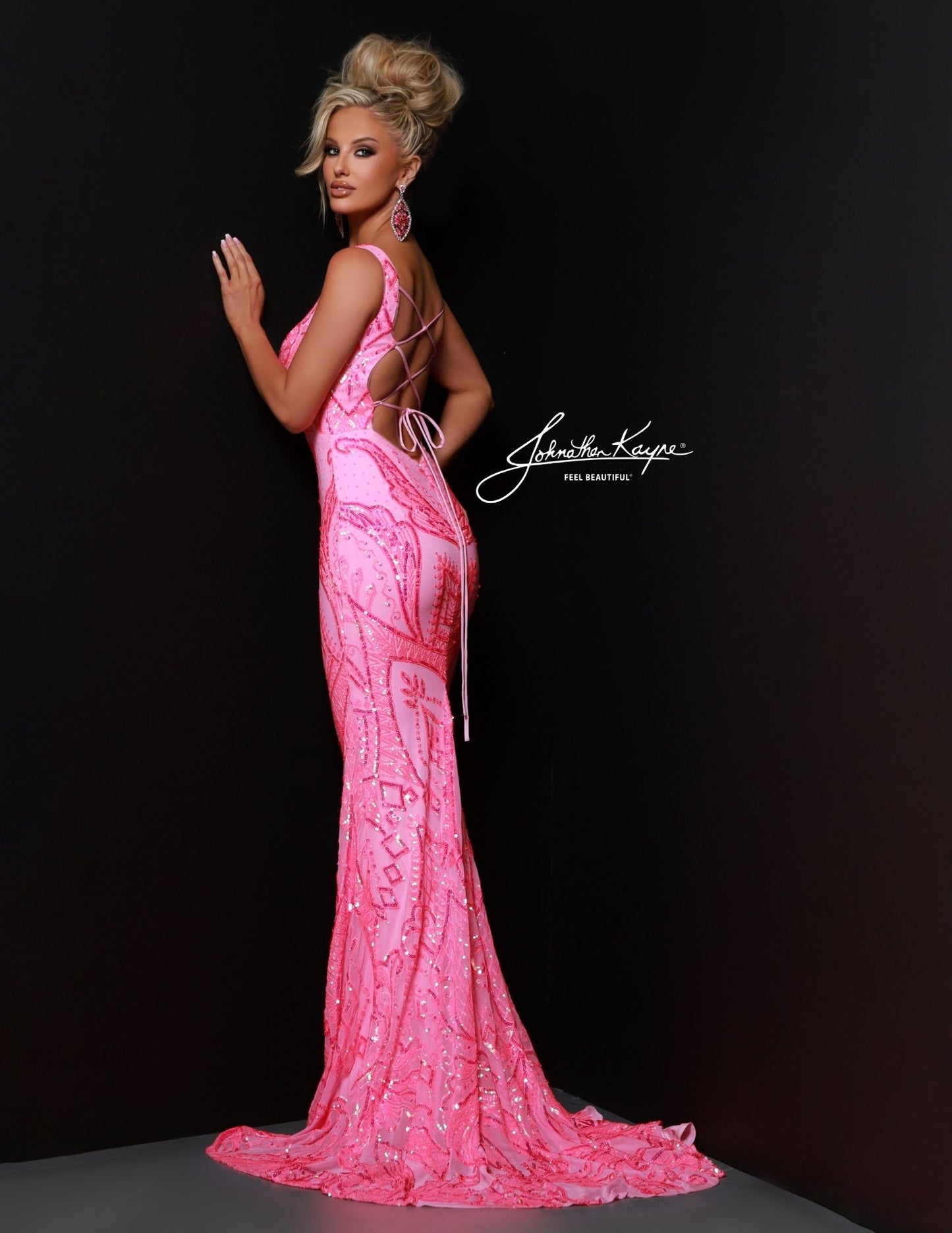 Johnathan Kayne 3037 Sequin Powermesh Prom Dress Evening Gown Fit and Flare Backless Corset