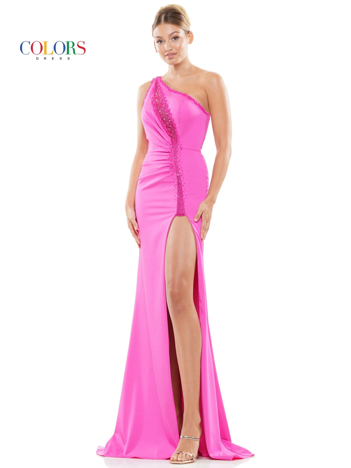 Step into the spotlight with the Colors Dress 3090 Long Prom Dress. Its one-shoulder design, illusion cut-out, and high slit train create a stunning silhouette, perfect for formal events and pageants. Made with precision and quality materials, this fitted gown will make you shine.