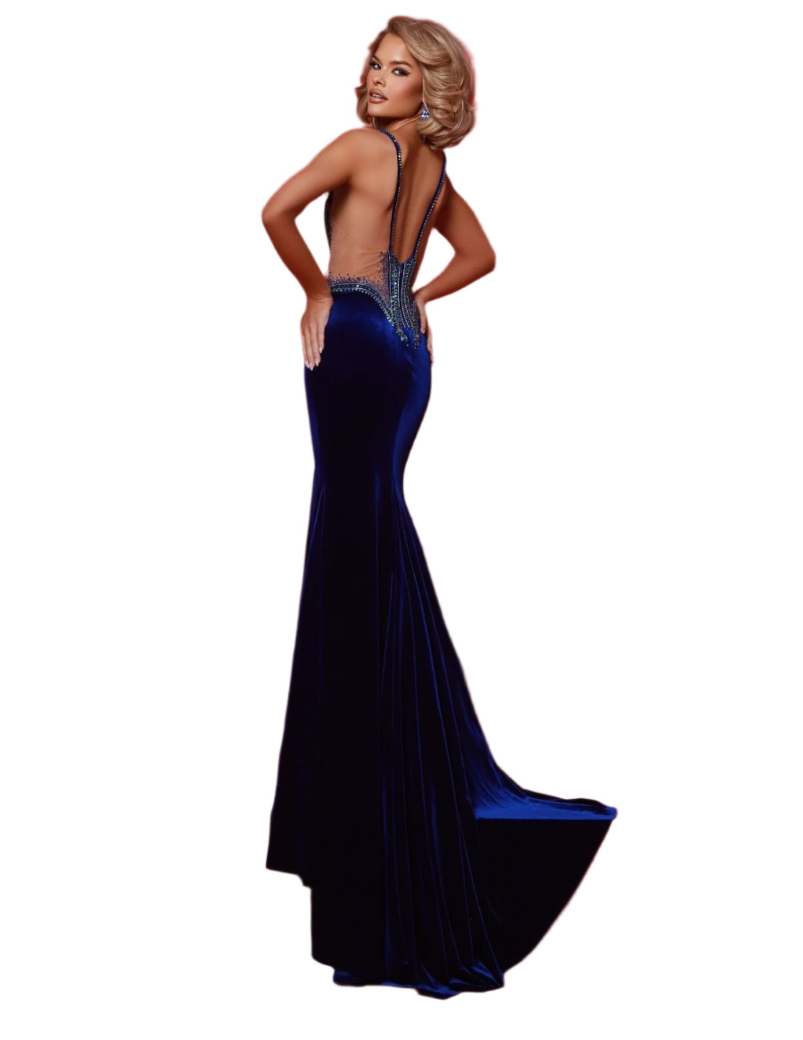 This Johnathan Kayne 3115 Sheer Crystal Corset Dress Velvet Prom Pageant Backless Gown is a stunning choice for formal events. The crystal embellishments and corset design add a touch of glamour, while the velvet skirt offers a luxurious feel. Perfect for prom or pageants, this gown showcases your style and sophistication. Make a bold and unforgettable entrance at your next formal event in this stretch velvet dress that is both comfortable and trendy. The leg slit adds a little bit of spice, while the beadi