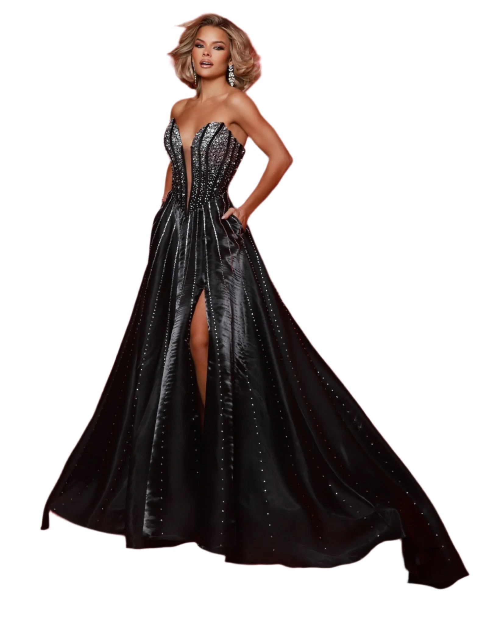 This Johnathan Kayne 3116 dress features a stunning crystal corset, plunging neckline, and convenient pockets. The A-line silhouette and leg slit create a flattering and elegant look perfect for pageants, prom, or any special occasion. Make a statement with this expertly designed dress. Arrive in all your splendor in this gown crafted from mirror organza fabric. The neckline exudes an aura of sophistication, while the strapless silhouette radiates timeless grace

Sizes: 00-16

Colors: Royal, Black, Red, Whi