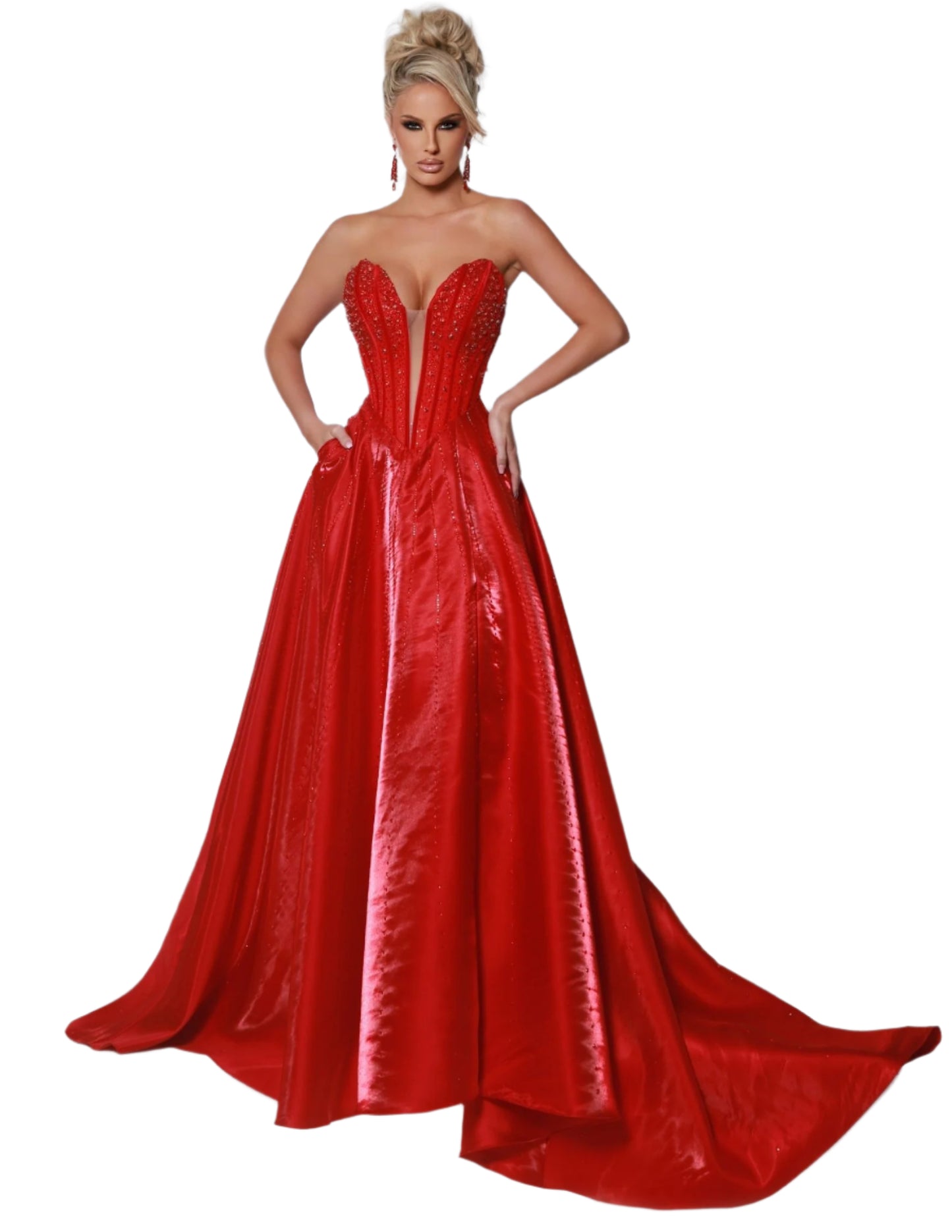 This Johnathan Kayne 3116 dress features a stunning crystal corset, plunging neckline, and convenient pockets. The A-line silhouette and leg slit create a flattering and elegant look perfect for pageants, prom, or any special occasion. Make a statement with this expertly designed dress. Arrive in all your splendor in this gown crafted from mirror organza fabric. The neckline exudes an aura of sophistication, while the strapless silhouette radiates timeless grace

Sizes: 00-16

Colors: Royal, Black, Red, Whi