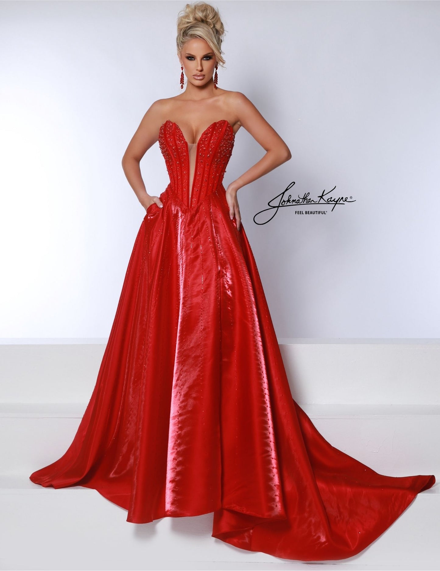 Johnathan Kayne 3116 Crystal Corset A line Dress Slit Pageant Prom Pockets Plunging Neckline