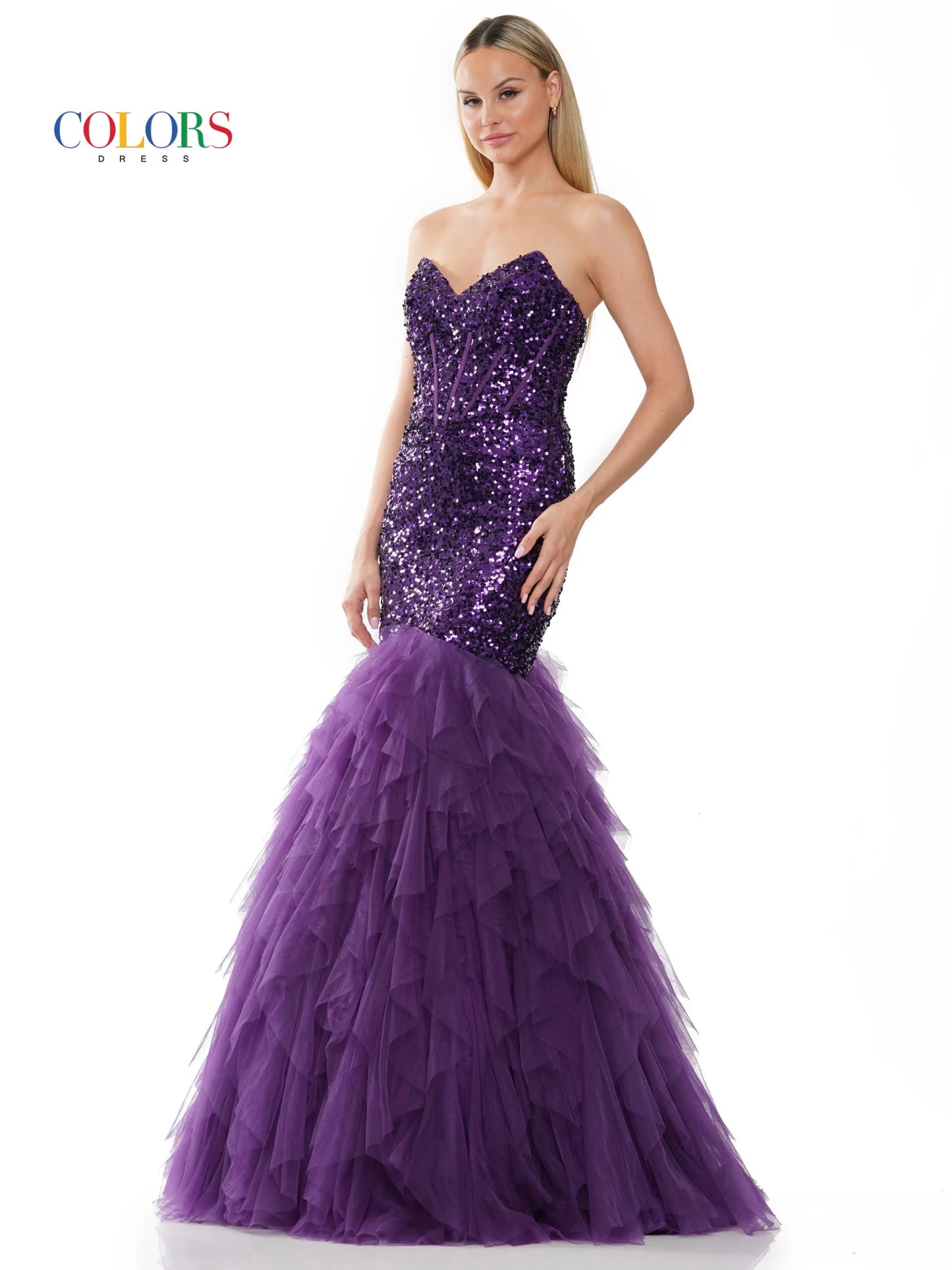 This beautiful Colors Dress 3202 Mermaid Prom Dress features a strapless corset bodice with boning peak points, a fitted sequin bodice and a ruffle tulle trumpet skirt for an elegant look. Perfect for any formal occasion. Prom, Pageant, Formal evening Gown.  Sizes: 2-24  Colors: Black, Light Blue, Purple, Red