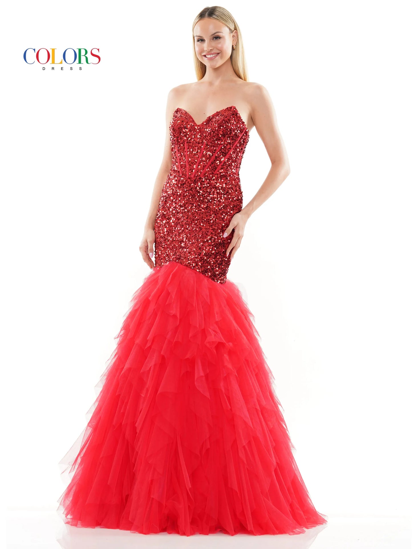 This beautiful Colors Dress 3202 Mermaid Prom Dress features a strapless corset bodice with boning peak points, a fitted sequin bodice and a ruffle tulle trumpet skirt for an elegant look. Perfect for any formal occasion. Prom, Pageant, Formal evening Gown.  Sizes: 2-24  Colors: Black, Light Blue, Purple, Red