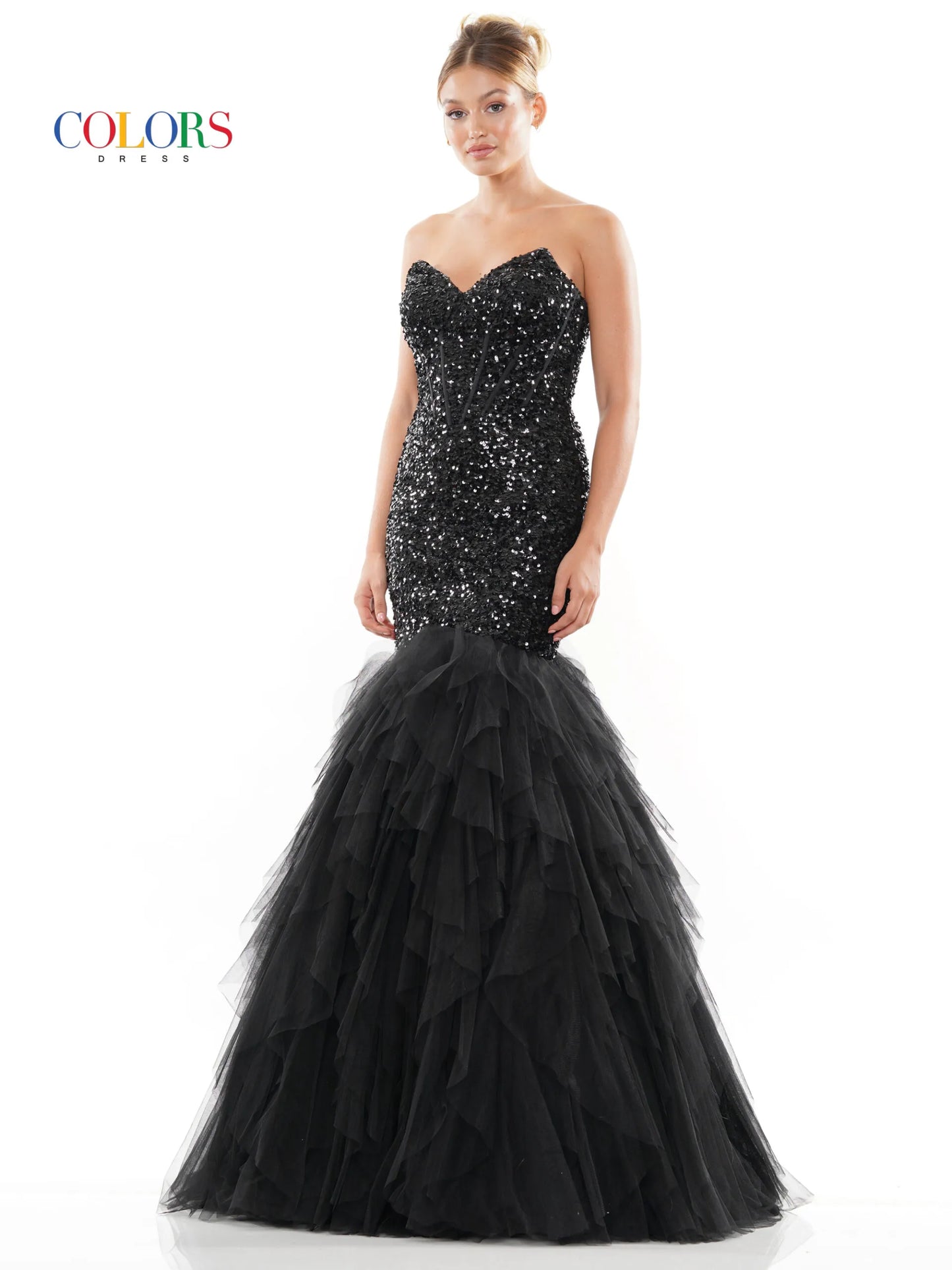 This beautiful Colors Dress 3202 Mermaid Prom Dress features a strapless corset bodice with boning peak points, a fitted sequin bodice and a ruffle tulle trumpet skirt for an elegant look. Perfect for any formal occasion. Prom, Pageant, Formal evening Gown.  Sizes: 2-24  Colors: Black, Light Blue, Purple, Red