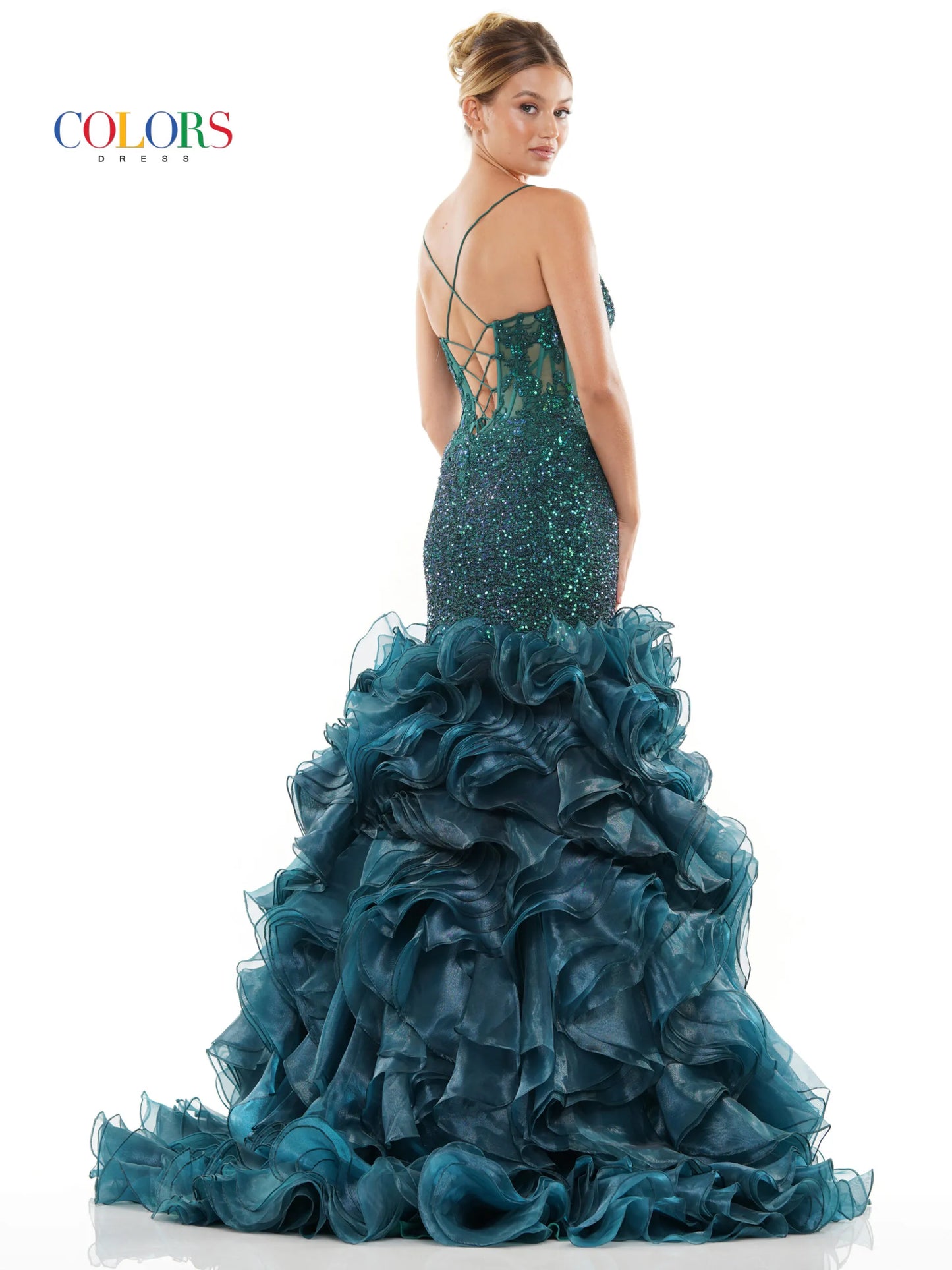 Expertly designed with a lace and sequin embellished sheer corset, this Colors Dress 3214 Layer Ruffle Mermaid Prom Dress features an elegant high slit and sweeping train. Its intricate details and form-flattering silhouette make it the perfect choice for a glamorous and sophisticated evening look. lace up corset back.  Sizes: 0-22  Colors: Black, Red, Blue, Deep Green