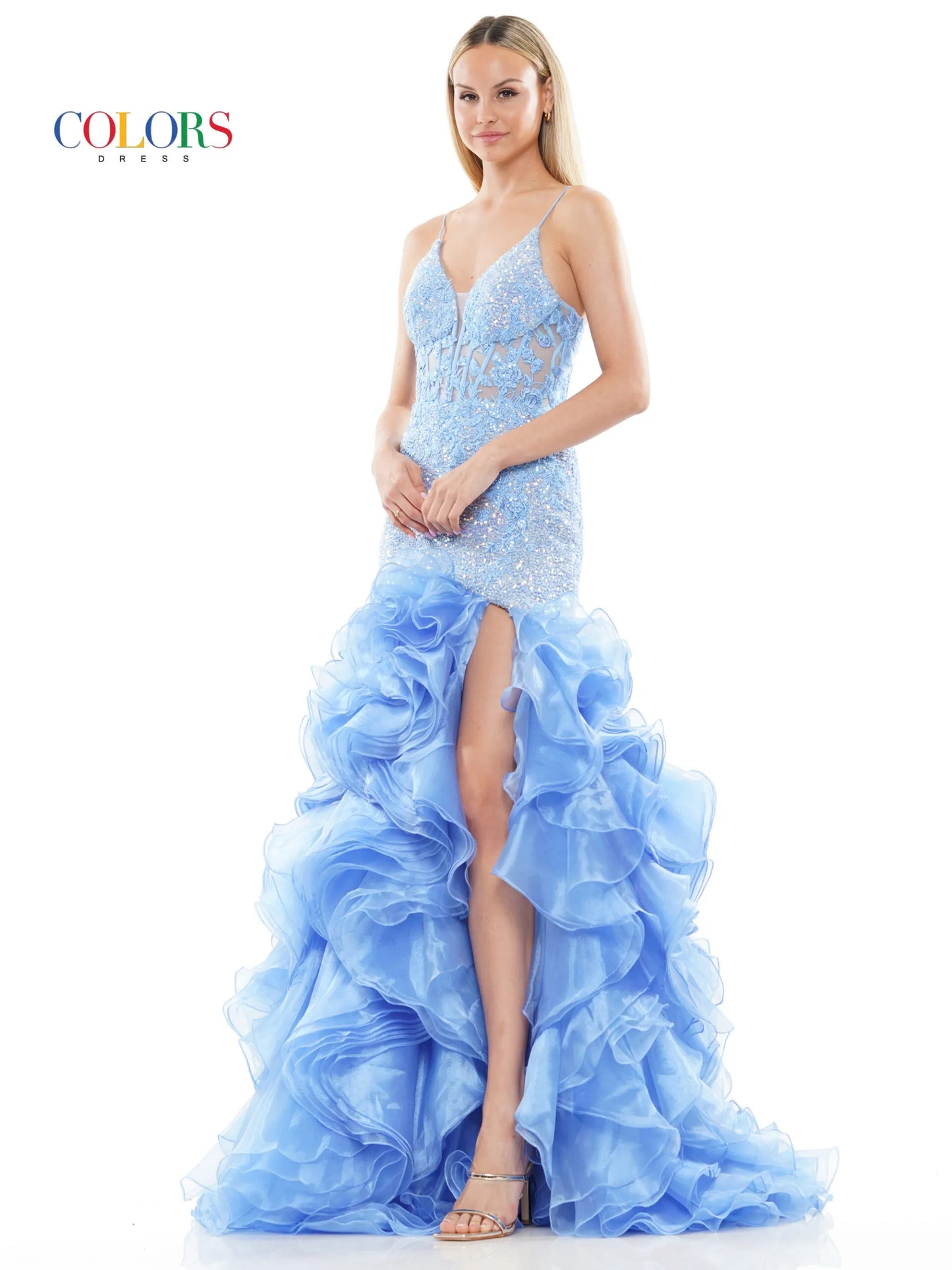 Expertly designed with a lace and sequin embellished sheer corset, this Colors Dress 3214 Layer Ruffle Mermaid Prom Dress features an elegant high slit and sweeping train. Its intricate details and form-flattering silhouette make it the perfect choice for a glamorous and sophisticated evening look. lace up corset back.  Sizes: 0-22  Colors: Black, Red, Blue, Deep Green