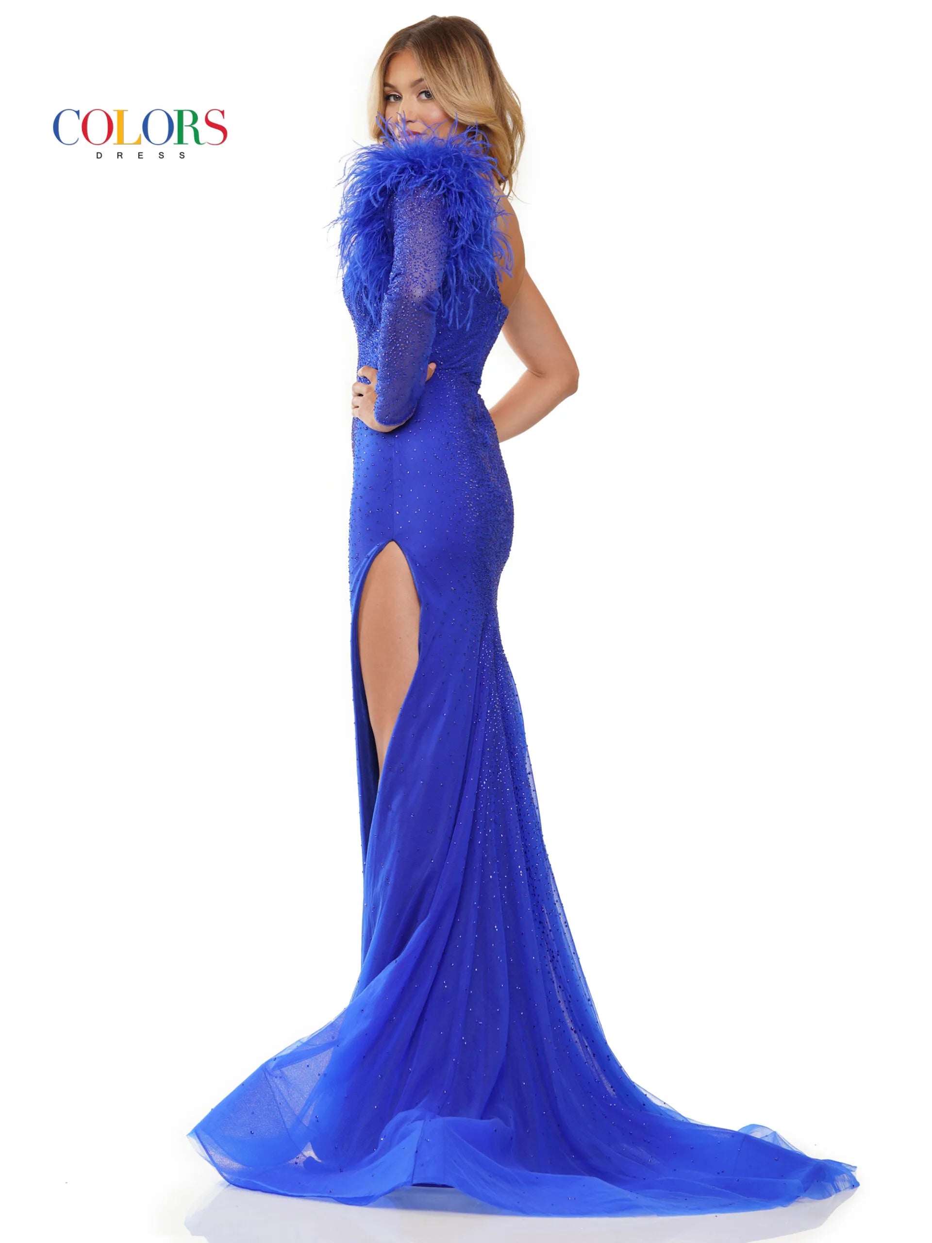 This Colors Dress 3251 one shoulder long sleeve feather prom dress will make you stand out at any formal event. The high slit and sheer feather details add a touch of elegance, while the crystal embellishments add a touch of sparkle. Perfect for those who want to make a statement with their fashion choices.  Sizes: 0-22  Colors: Black, Royal, Deep Green, Hot Pink