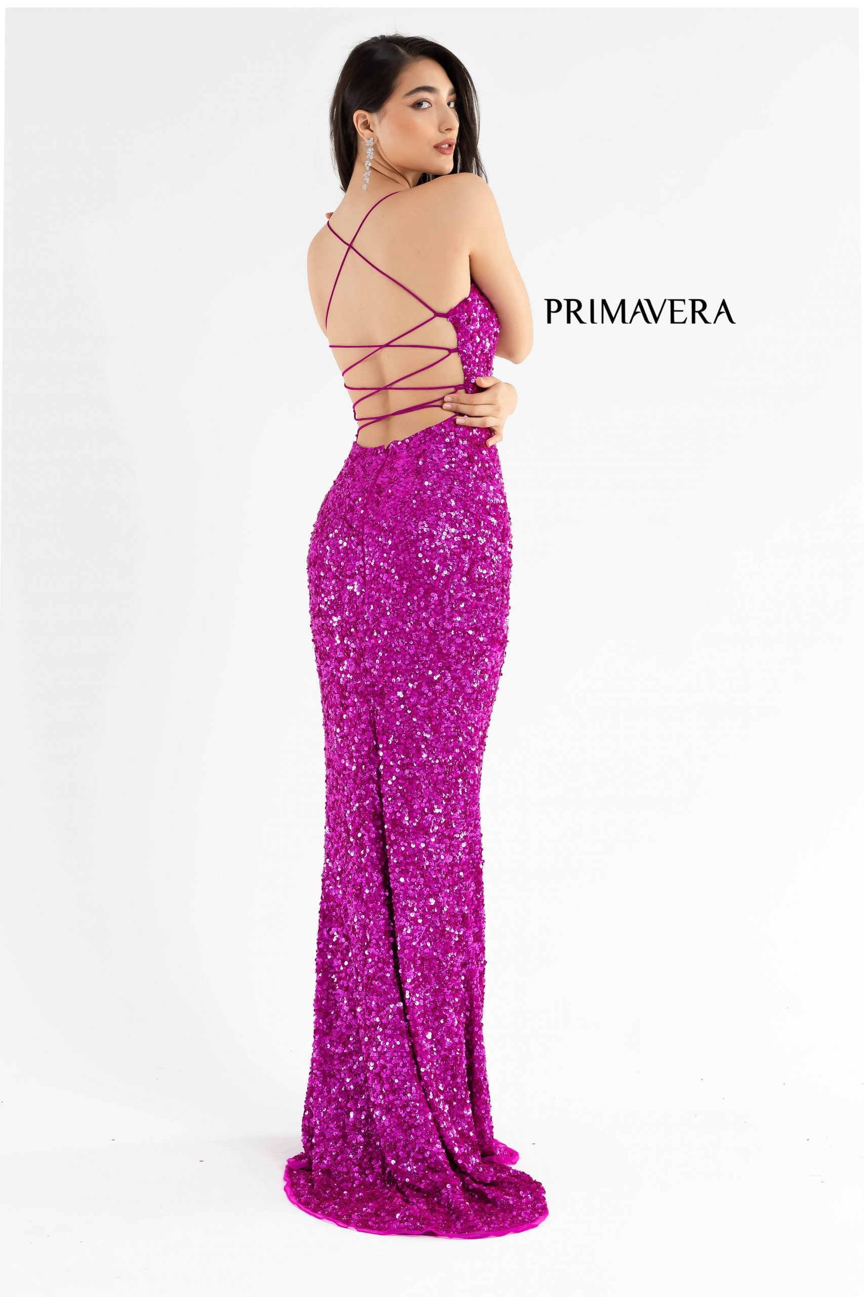 Primavera Couture 3290 This prom dress adds a pop to the multi sequins dress.  With a scoop neckline and spaghetti straps that cross and tie in the back.  This long evening dress has a side slit. And need I say, NEON!  Available Colors: Midnight, Emerald, Turquoise, Plum, Peach, Blue, Black, Fuchsia, Cream, Neon Sage, Neon Coral, Neon Lilac, Bright Blue, Rose, Neon Pink, Orange, Baby Pink, Purple, Royal Blue, Ivory, Gold, Charcoal, Red, Apple Green, Forrest Green, Yellow, Mint  Available sizes:  18, 20, 22