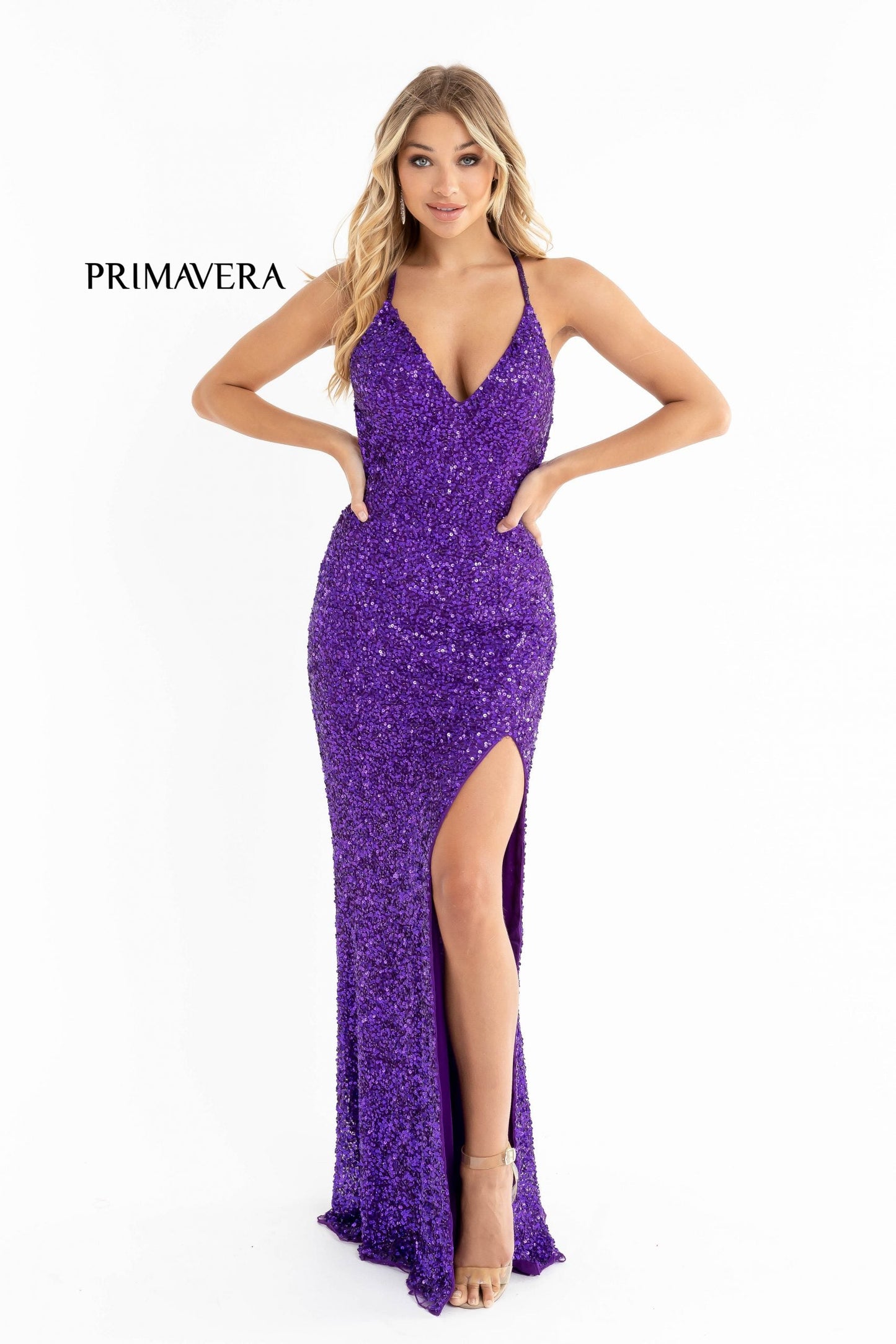 Primavera Couture 3291 Size 2 Purple Long Fitted Backless Sequin Prom Dress Formal Gown Slit