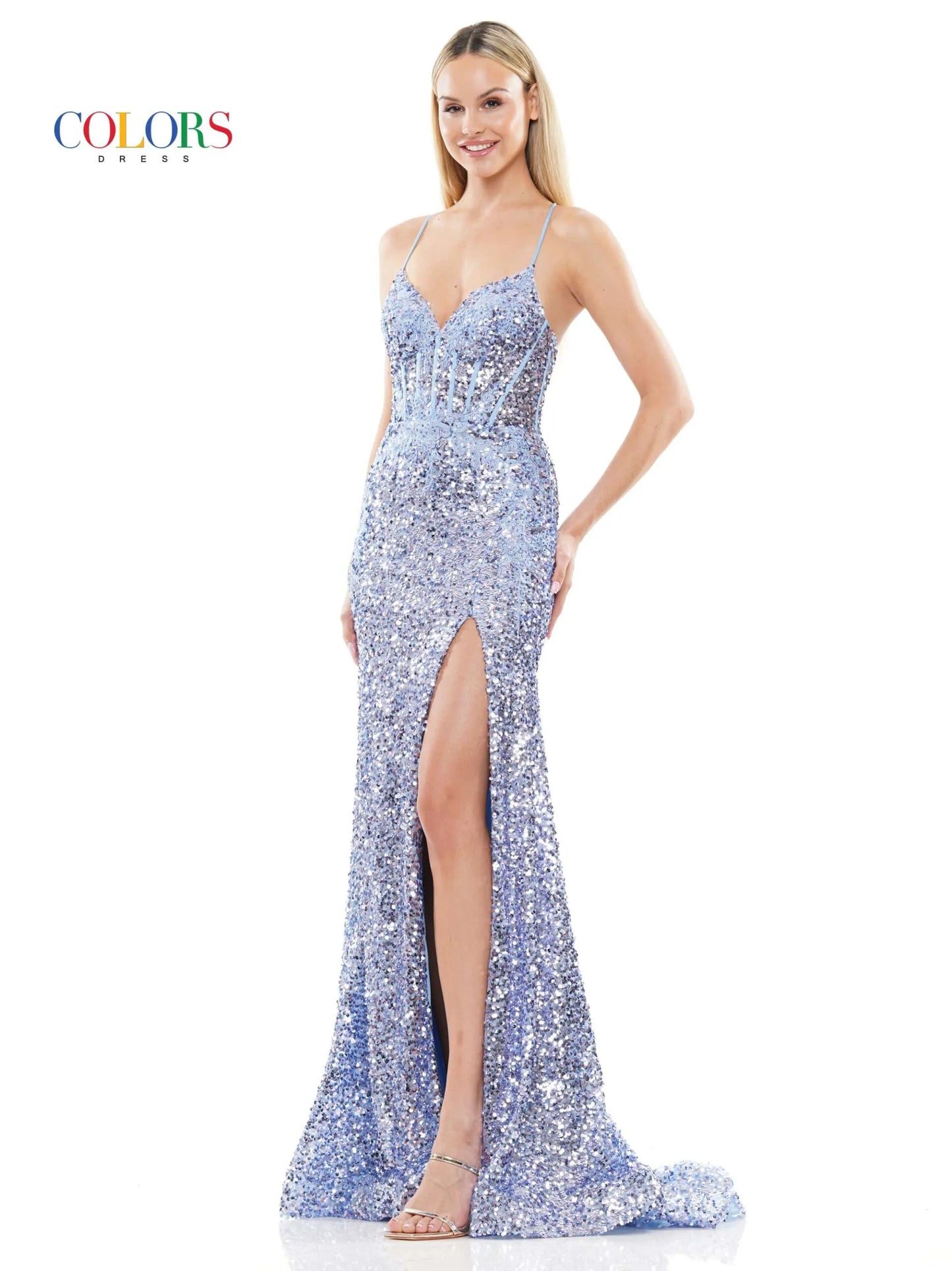 Look your best in this elegant Colors Dress 3299 Long Prom Dress. Featuring a fitted sequin lace bodice with a backless corset, a long, fitted skirt with a side slit, and an intricate lace design. Make a statement in this beautiful gown. Prom, Pageant or any Special Occasion!  Sizes: 0-20  Colors: Red, Blue, Green, White