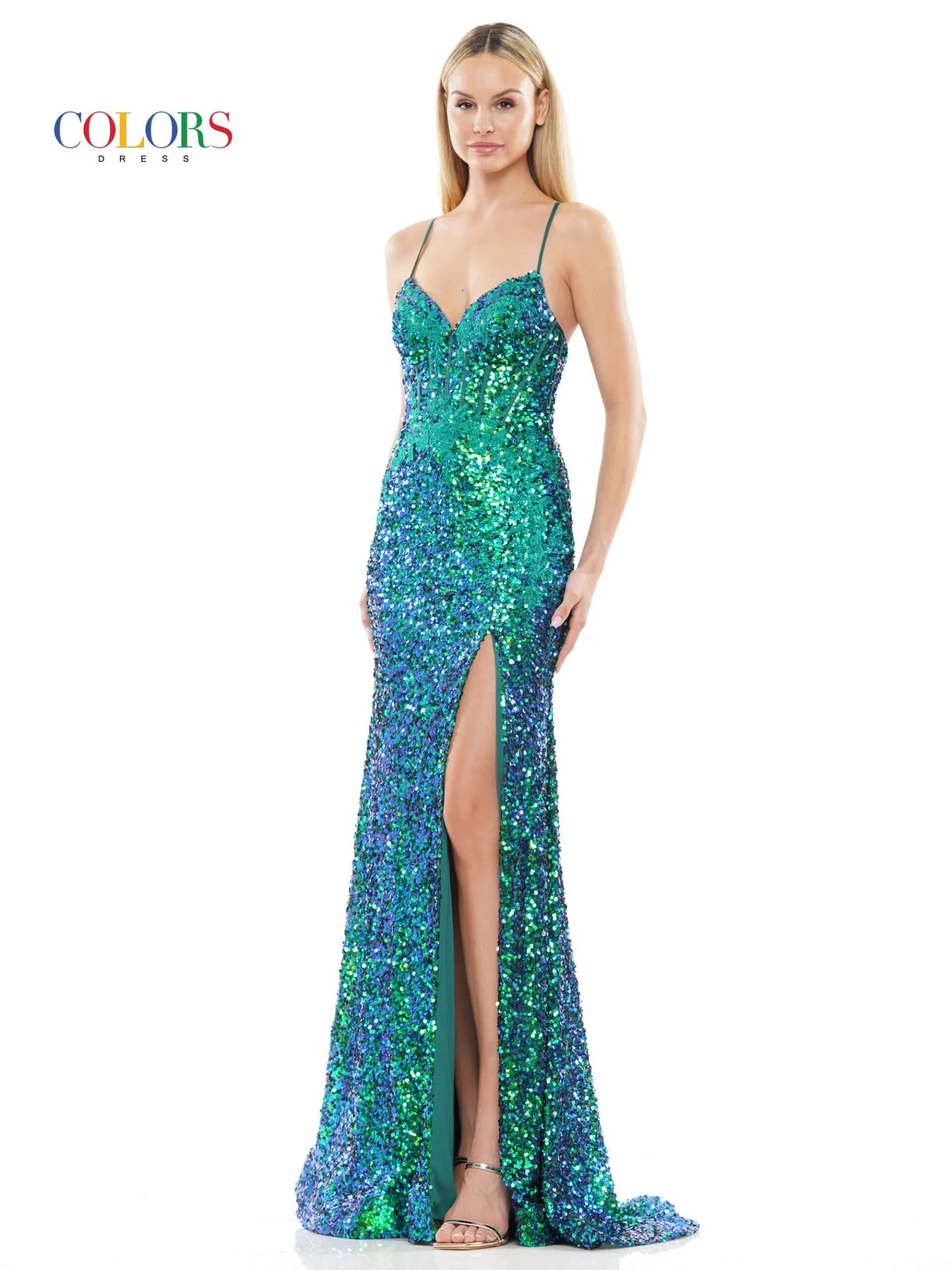 Look your best in this elegant Colors Dress 3299 Long Prom Dress. Featuring a fitted sequin lace bodice with a backless corset, a long, fitted skirt with a side slit, and an intricate lace design. Make a statement in this beautiful gown. Prom, Pageant or any Special Occasion!  Sizes: 0-20  Colors: Red, Blue, Green, White