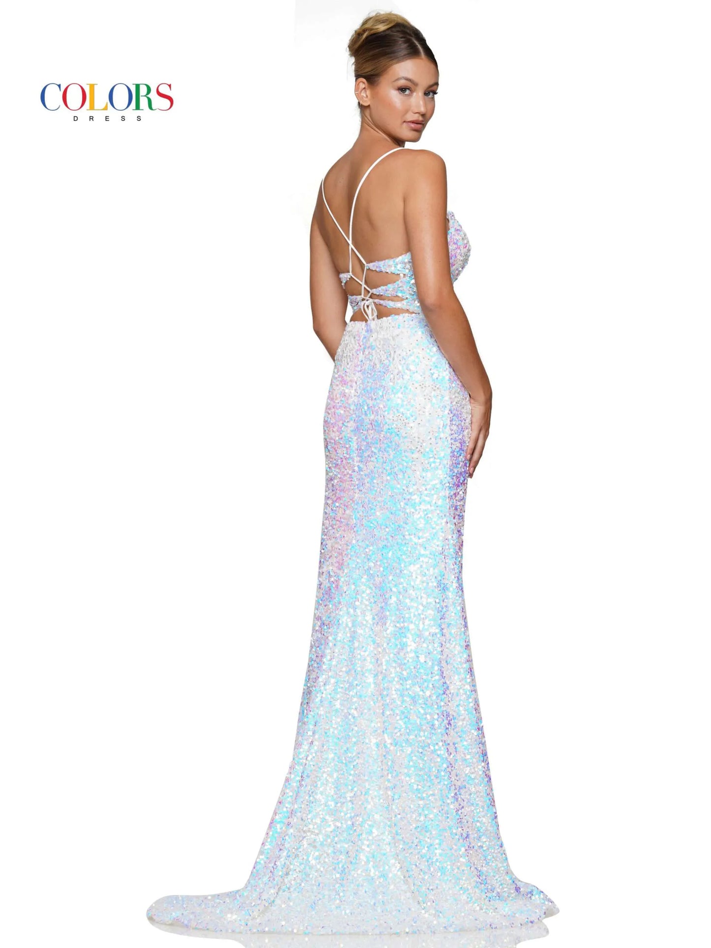 Look your best in this elegant Colors Dress 3299 Long Prom Dress. Featuring a fitted sequin lace bodice with a backless corset, a long, fitted skirt with a side slit, and an intricate lace design. Make a statement in this beautiful gown. Prom, Pageant or any Special Occasion!  Sizes: 0-20  Colors: Red, Blue, Green, White