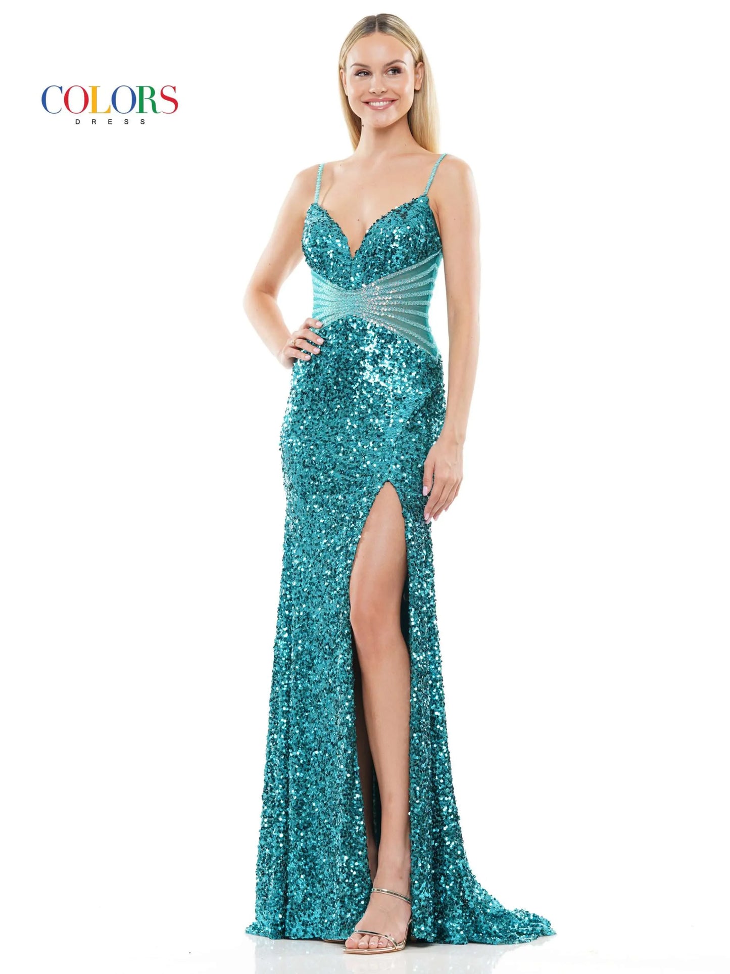 Introducing a unique, glamorous look for your next special event. Colors Dress 3300 Long Sequin Sheer Cutout Crystal Lined Prom Dress Corset Slit Gown Pageant boasts high-shine sequins, crystal-lined cutouts, and a corset-detailed back. Curve-hugging with a daring thigh-high slit, this prom dress is perfect for an unforgettable night.  Sizes: 0-20  Colors: Black, Light Blue, Deep Green, Hot Pink, Lilac