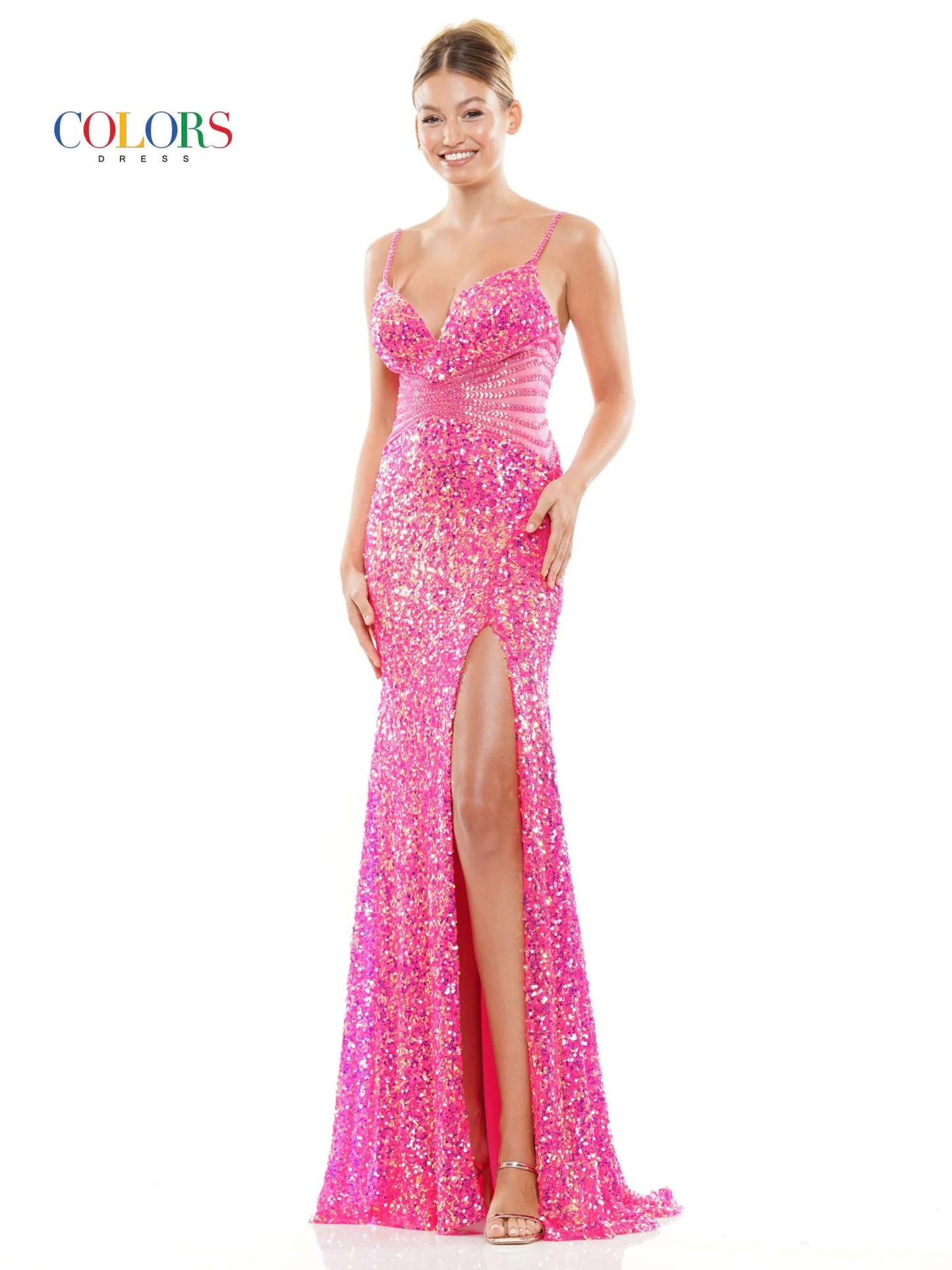 Introducing a unique, glamorous look for your next special event. Colors Dress 3300 Long Sequin Sheer Cutout Crystal Lined Prom Dress Corset Slit Gown Pageant boasts high-shine sequins, crystal-lined cutouts, and a corset-detailed back. Curve-hugging with a daring thigh-high slit, this prom dress is perfect for an unforgettable night.  Sizes: 0-20  Colors: Black, Light Blue, Deep Green, Hot Pink, Lilac