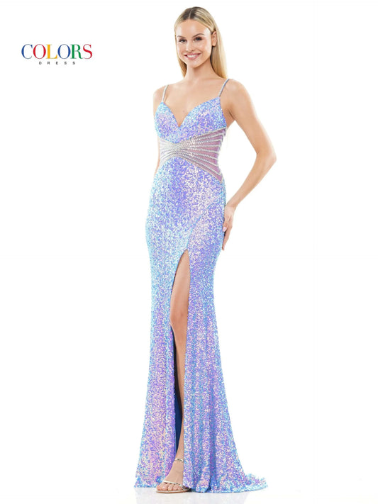 Introducing a unique, glamorous look for your next special event. Colors Dress 3300 Long Sequin Sheer Cutout Crystal Lined Prom Dress Corset Slit Gown Pageant boasts high-shine sequins, crystal-lined cutouts, and a corset-detailed back. Curve-hugging with a daring thigh-high slit, this prom dress is perfect for an unforgettable night.  Sizes: 0-20  Colors: Black, Light Blue, Deep Green, Hot Pink, Lilac