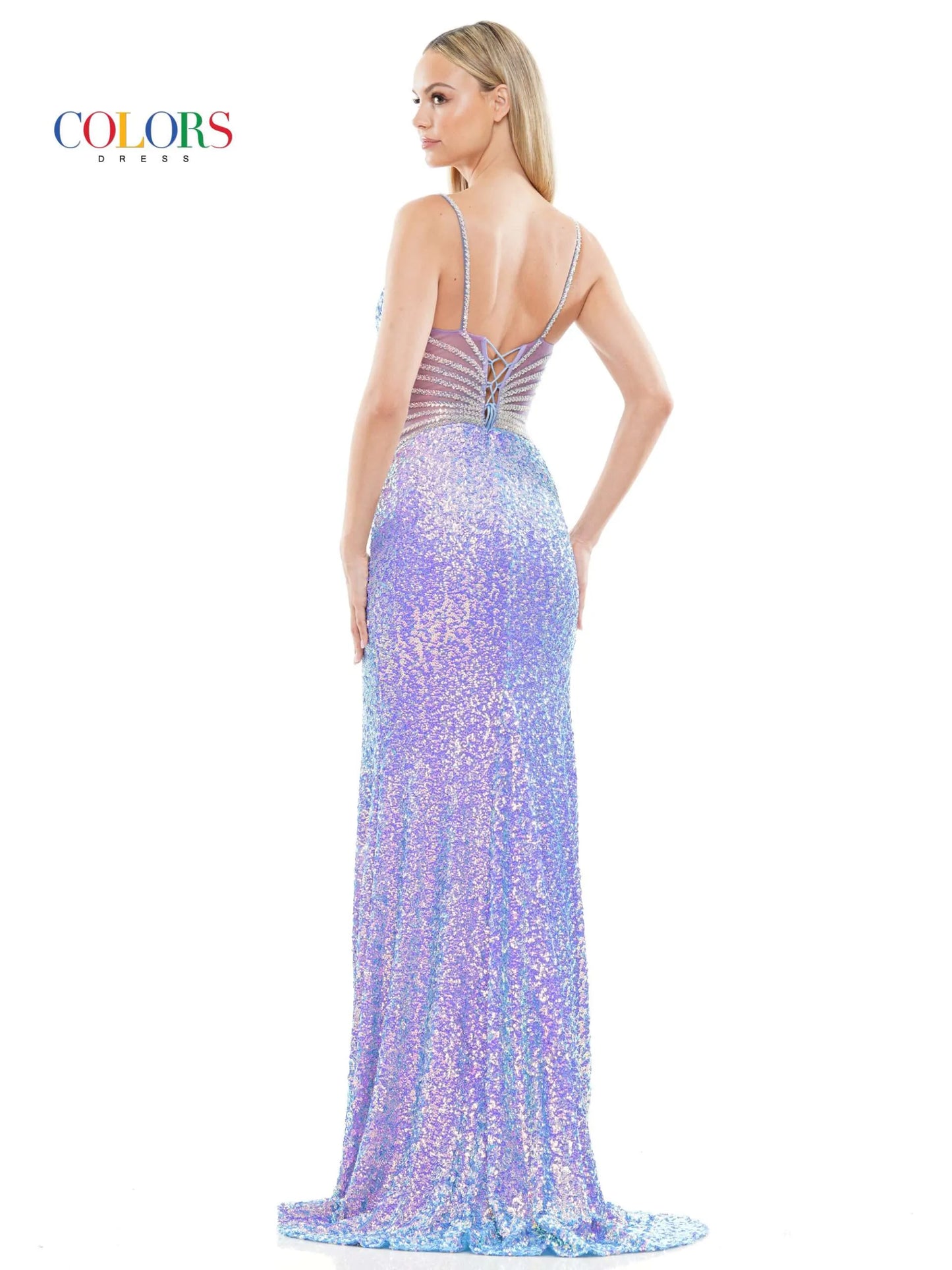 Introducing a unique, glamorous look for your next special event. Colors Dress 3300 Long Sequin Sheer Cutout Crystal Lined Prom Dress Corset Slit Gown Pageant boasts high-shine sequins, crystal-lined cutouts, and a corset-detailed back. Curve-hugging with a daring thigh-high slit, this prom dress is perfect for an unforgettable night.  Sizes: 0-20  Colors: Black, Light Blue, Deep Green, Hot Pink, Lilac