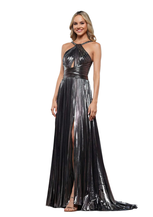 Be the belle of the ball in our Colors Dress 3519 Metallic Pleated Prom Dress. With a stunning lace-up corset back and high neck design, this formal evening gown will have all eyes on you. The metallic pleats add a touch of glamour, while the slit allows for easy movement. Make a statement with this elegant dress.