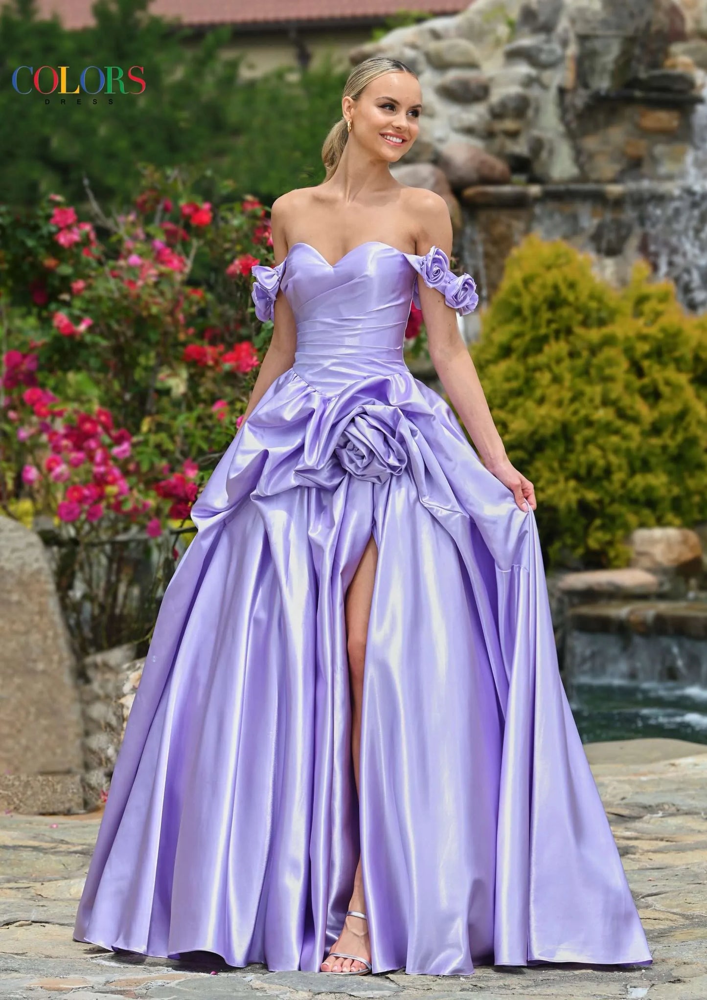 Colors Dress 3521 Satin Ballgown Maxi Slit Prom Dress off the Shoulder Formal Evening Gown