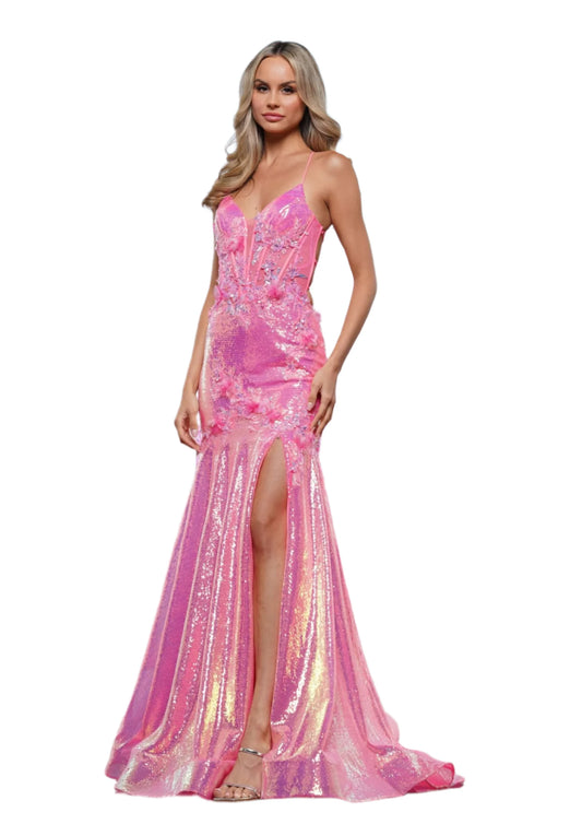 This Colors Dress 3540 is a stunning sheer sequin mermaid corset prom dress with a backless design. The slit adds an alluring touch while the corset offers a flattering fit. Perfect for pageants or any special occasion, this dress will make you stand out in the crowd.