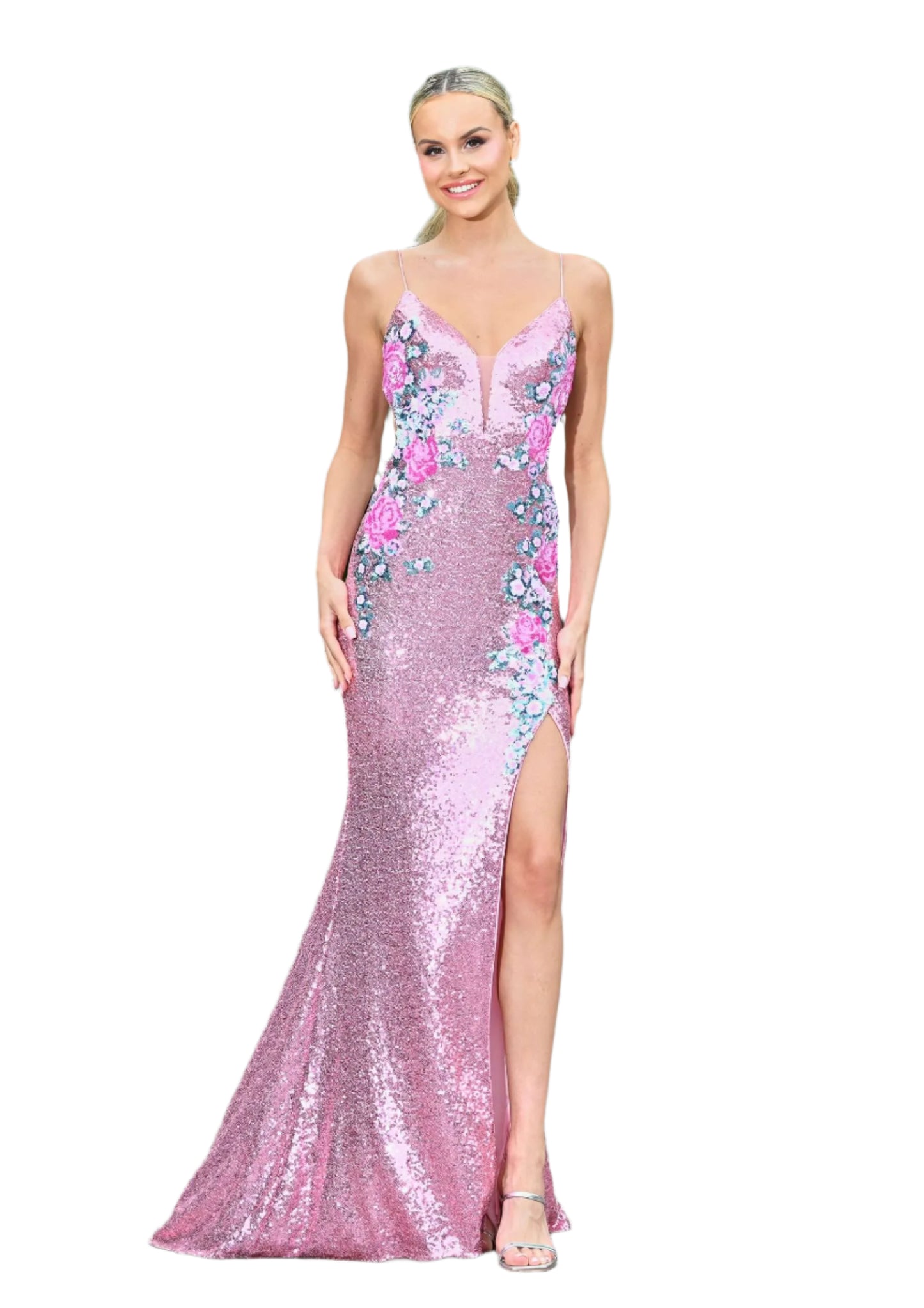 Expertly crafted with shimmering sequins and a stunning floral design, the Colors Dress 3576 is a must-have for any formal event. The V-neckline and cut-out back add a touch of elegance, while the slit adds a modern twist. Make a statement and show off your style with this eye-catching pageant gown.

Sizes: 0-16

Colors: Black, Rose, Off White