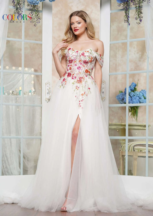 Dazzle in this off the shoulder A-line prom dress by Colors Dress 3609. The stunning sequin floral design adds a touch of glamour, while the flowing maxi silhouette with a thigh-high slit offers comfort and elegance. Perfect for weddings and special occasions. lace up corset