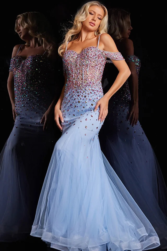 The Jovani 36730 is a striking formal gown designed to make a bold statement at your special event. It is crafted from tulle, which provides a soft and ethereal feel, draping beautifully to add an element of grace to your look. This dress is styled as a mermaid gown, known for its curve-enhancing silhouette that flares out dramatically at the bottom. One of its standout features is the horsehair trim, which adds structure to the mermaid skirt, allowing it to maintain its shape beautifully. 