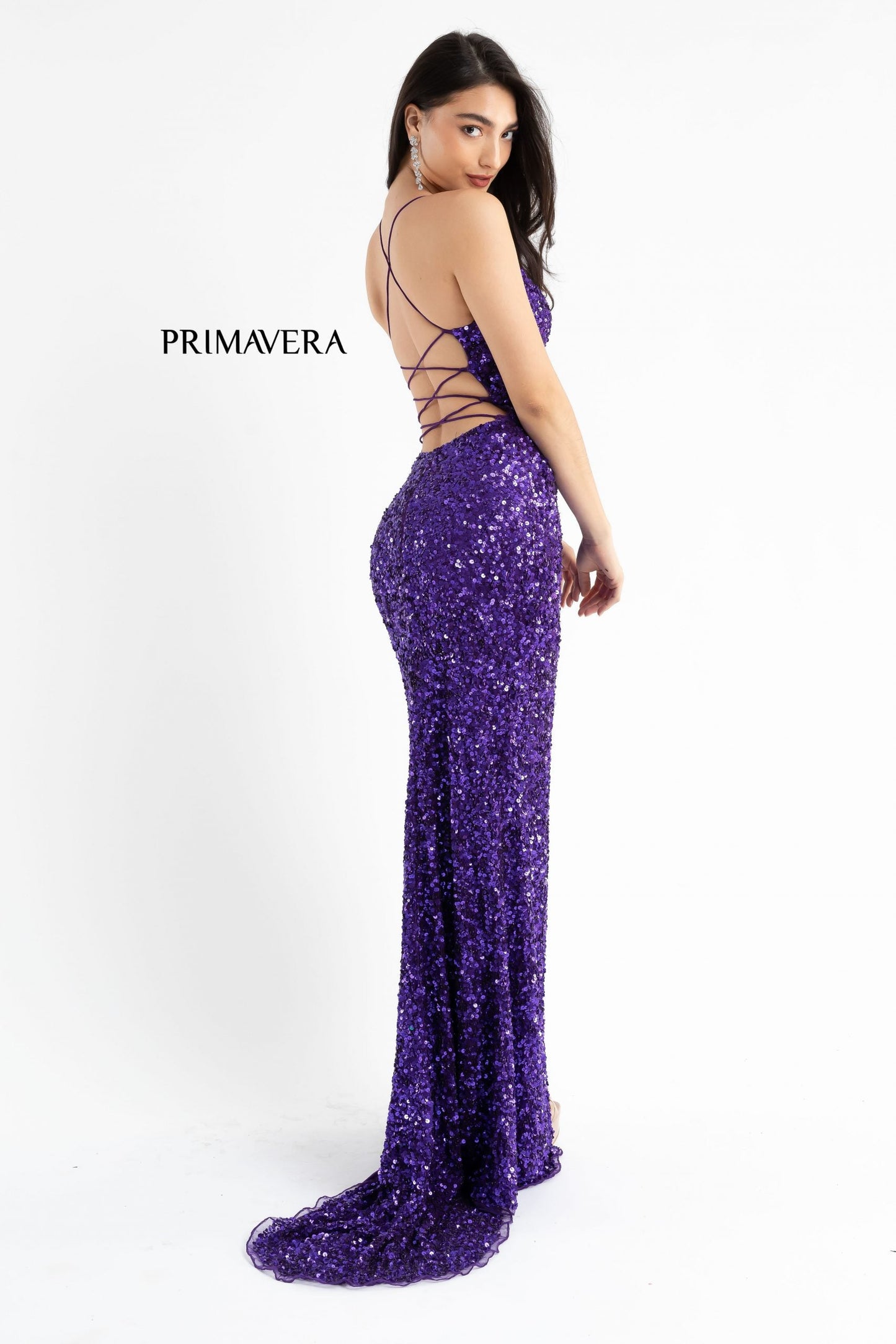 Primavera Couture 3791 Size 12 Royal Prom Dress V Neckline Sequins Lace Up Tie Back Side Slit