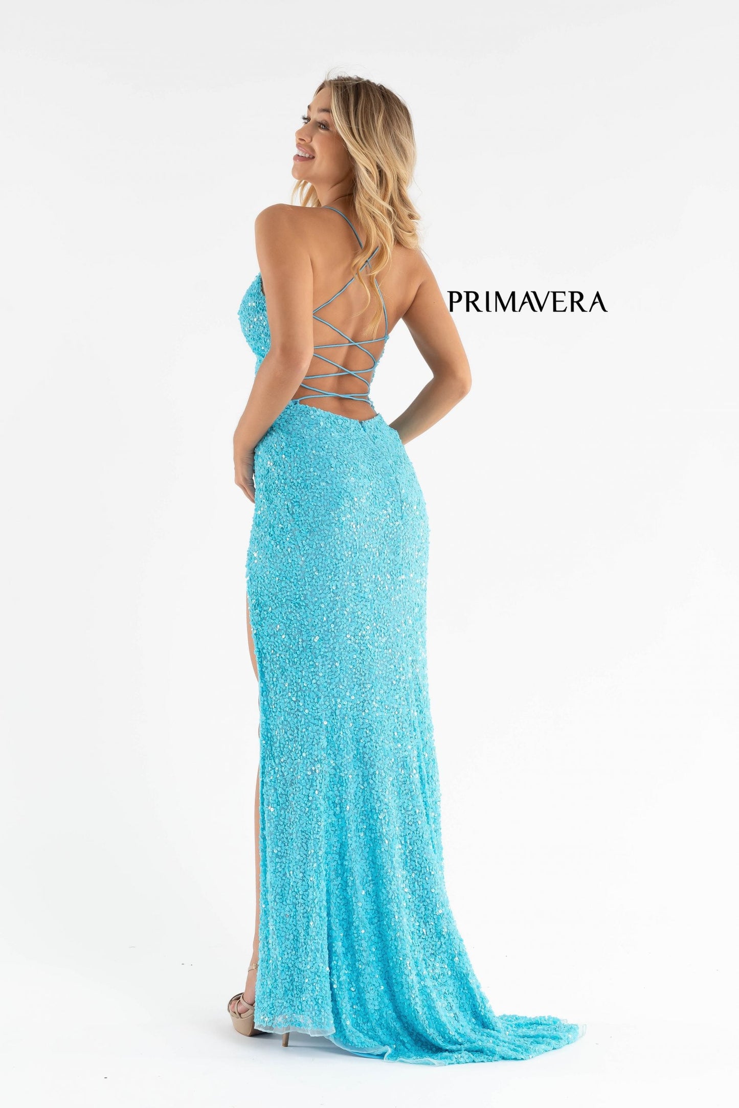 Primavera Couture 3791 Size 12 Royal Prom Dress V Neckline Sequins Lace Up Tie Back Side Slit