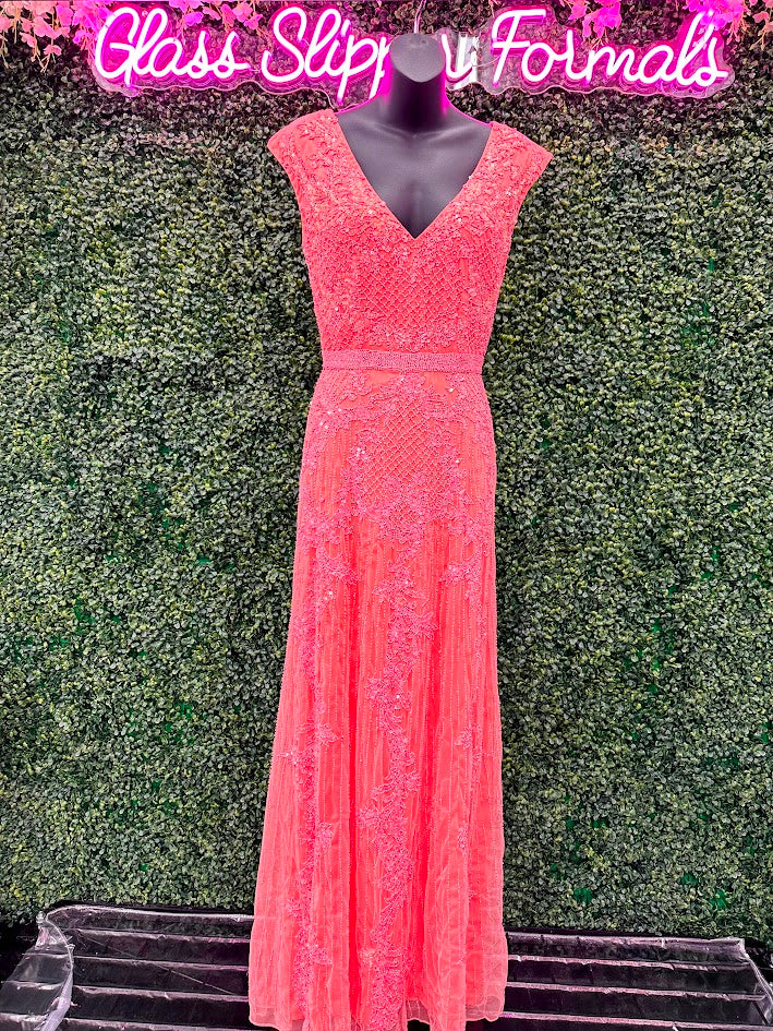 Primavera Couture 3794 Size 2 Neon Coral Sequined Evening Gown Cap Sleeves Prom Dress Mid Back