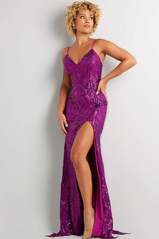 The Jovani 38337 prom dress, part of the formal collection, is an enchanting and glamorous gown designed to make a statement at any prom or formal event. Crafted from shimmering sequin-covered mesh, this dress offers a fitted silhouette that hugs the curves gracefully. The sequin pattern adds a touch of sparkle and sophistication to the overall look.  This floor-length dress features a high slit that adds a dash of allure and allows for ease of movement while showcasing your legs. 